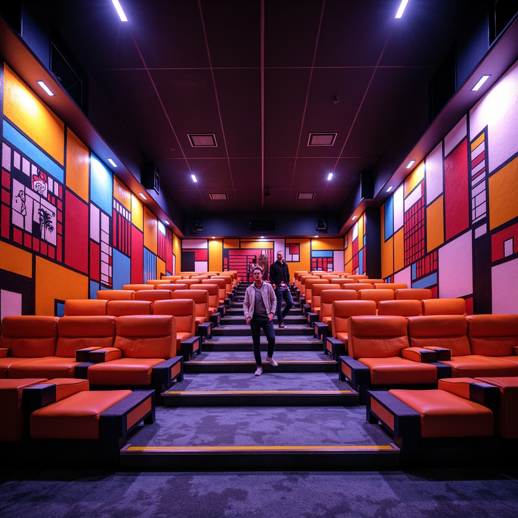 Prompt: Vibrant cinema interior, Bauhaus-inspired design, geometric patterns, bold color schemes, minimalist aesthetics, sleek metal frames, comfortable cushions, innovative seating arrangement, staggered rows, curved lines, dynamic shapes, atmospheric lighting, soft warm glow, cinematic ambiance, abstract artwork, urban chic vibe, modern materials, luxurious textiles, metallic accents, futuristic feel, low-key illumination, 3/4 composition, shallow depth of field.