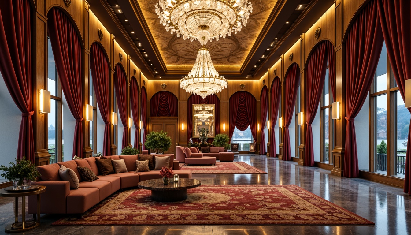 Prompt: Opulent interior spaces, lavish furnishings, rich velvet fabrics, ornate gold accents, crystal chandeliers, polished marble floors, intricately carved wooden panels, plush area rugs, statement walls, metallic finishes, ambient LED lighting, dramatic ceiling heights, spacious open layouts, sophisticated color palettes, refined textures, elegant curves, luxurious upholstery, high-end materials, lavish decorations, aristocratic ambiance, cinematic views, 1/2 composition, warm golden light, realistic reflections.