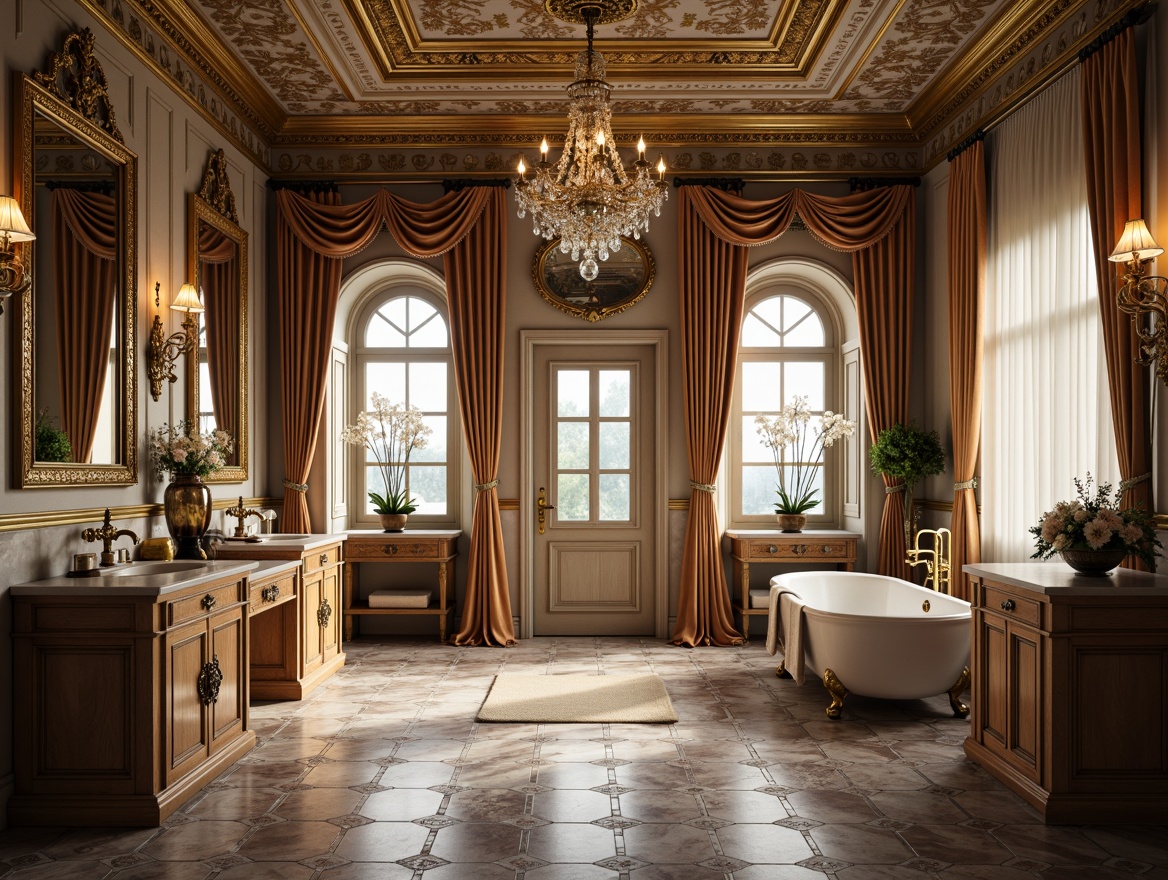 Prompt: Ornate bathroom, Renaissance-inspired fixtures, golden faucets, crystal chandeliers, marble countertops, intricate tile patterns, ornamental mirrors, lavish drapery, soft warm lighting, shallow depth of field, 3/4 composition, luxurious textiles, ambient occlusion, freestanding tubs, decorative wall sconces, antique bronze hardware, rich wood cabinetry, elegant archways, grandiose ceiling designs.