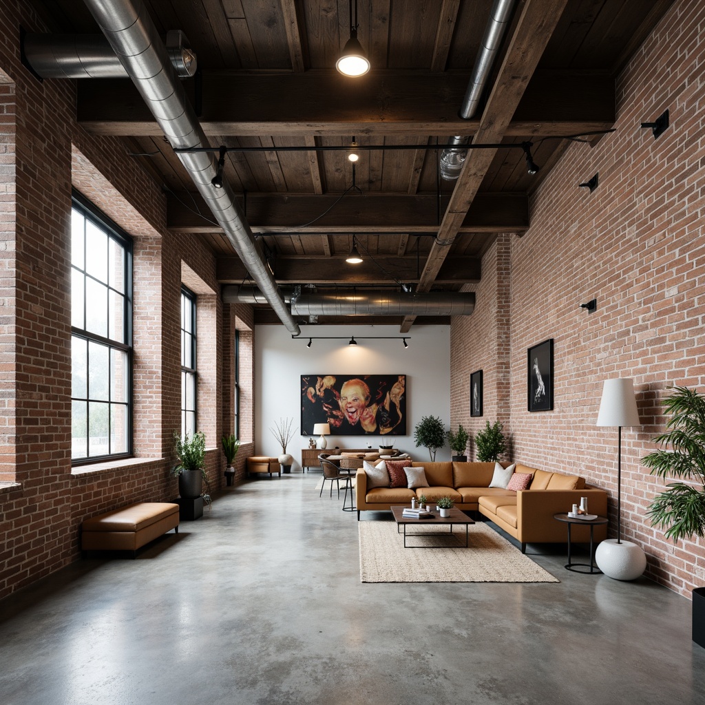 Prompt: Exposed brick walls, polished concrete floors, industrial metal beams, reclaimed wood accents, functional pipes, minimalist decor, monochromatic color scheme, modernist furniture, geometric patterns, metallic lighting fixtures, urban loft atmosphere, neutral tone palette, natural textiles, raw material finishes, eclectic decorative objects, architectural photography, high ceilings, open floor plan, abundant natural light, softbox window lighting, 3/4 composition, realistic materials, ambient occlusion.