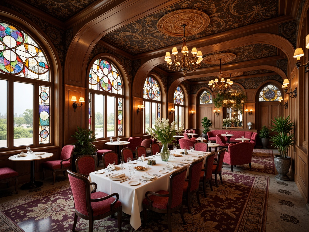 Prompt: Opulent dining room, sinuous wooden furniture, flowing curved lines, organic ornate carvings, rich velvet upholstery, jewel-toned stained glass windows, intricate metalwork, fluid botanical patterns, luxurious marble floors, ornate plaster ceilings, warm golden lighting, shallow depth of field, 1/1 composition, realistic textures, ambient occlusion.