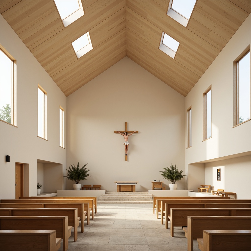 Prompt: Light-filled Scandinavian church interior, minimalist decor, wooden pews, simple altar, Nordic-inspired crucifix, vaulted ceiling, clerestory windows, natural stone flooring, warm beige walls, soft diffused lighting, subtle shadows, 1/1 composition, symmetrical arrangement, harmonious proportions, calm atmosphere, peaceful ambiance, gentle color palette, airy open space, minimalist furniture, functional design, Scandinavian architectural elements.