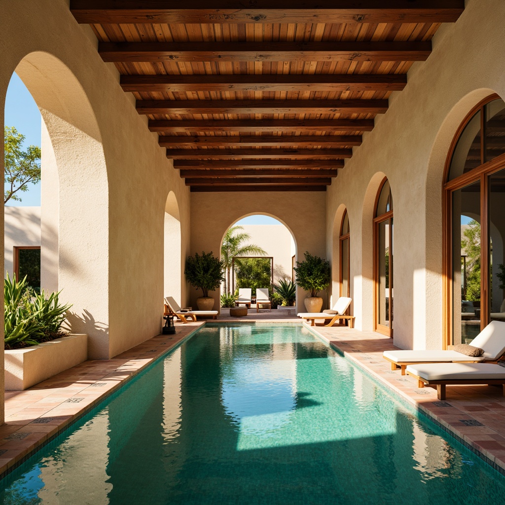 Prompt: Southwestern-inspired indoor pool area, elegant archways, natural stone walls, turquoise water, warm golden lighting, rustic wooden accents, plush lounge chairs, vibrant colorful tiles, desert botanicals, modern minimalist decor, large sliding glass doors, outdoor views, dramatic ceiling heights, luxurious spa ambiance, soft focus blur, shallow depth of field, 1/1 composition, realistic water reflections.