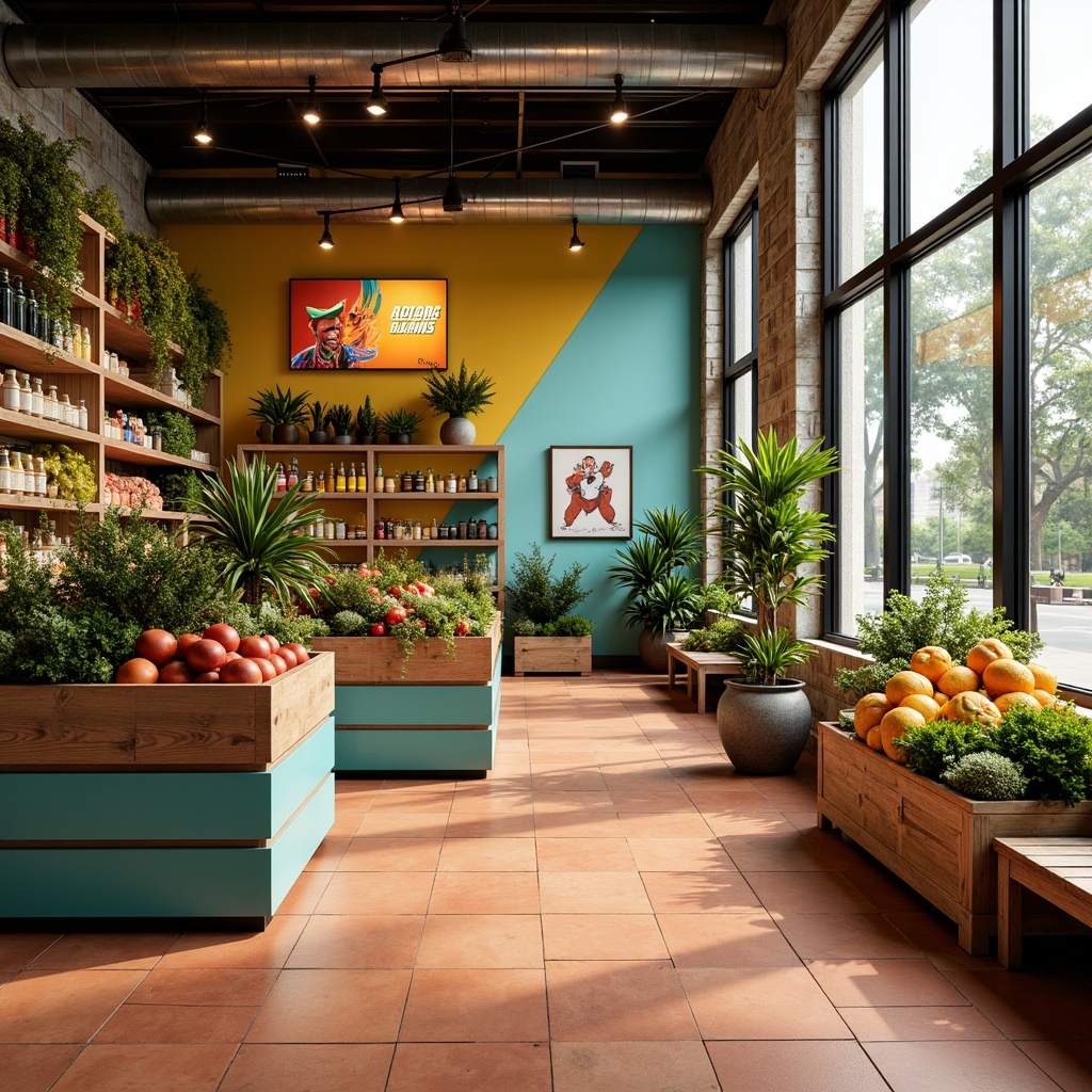 Prompt: Vibrant grocery store interior, mid-century modern aesthetic, warm earthy tones, terracotta flooring, wooden accents, retro-style signage, bold graphic patterns, turquoise and yellow color scheme, geometric shapes, minimalist shelving, industrial metal fixtures, natural stone walls, abundant greenery, large windows, soft diffused lighting, 1/1 composition, shallow depth of field, realistic textures.