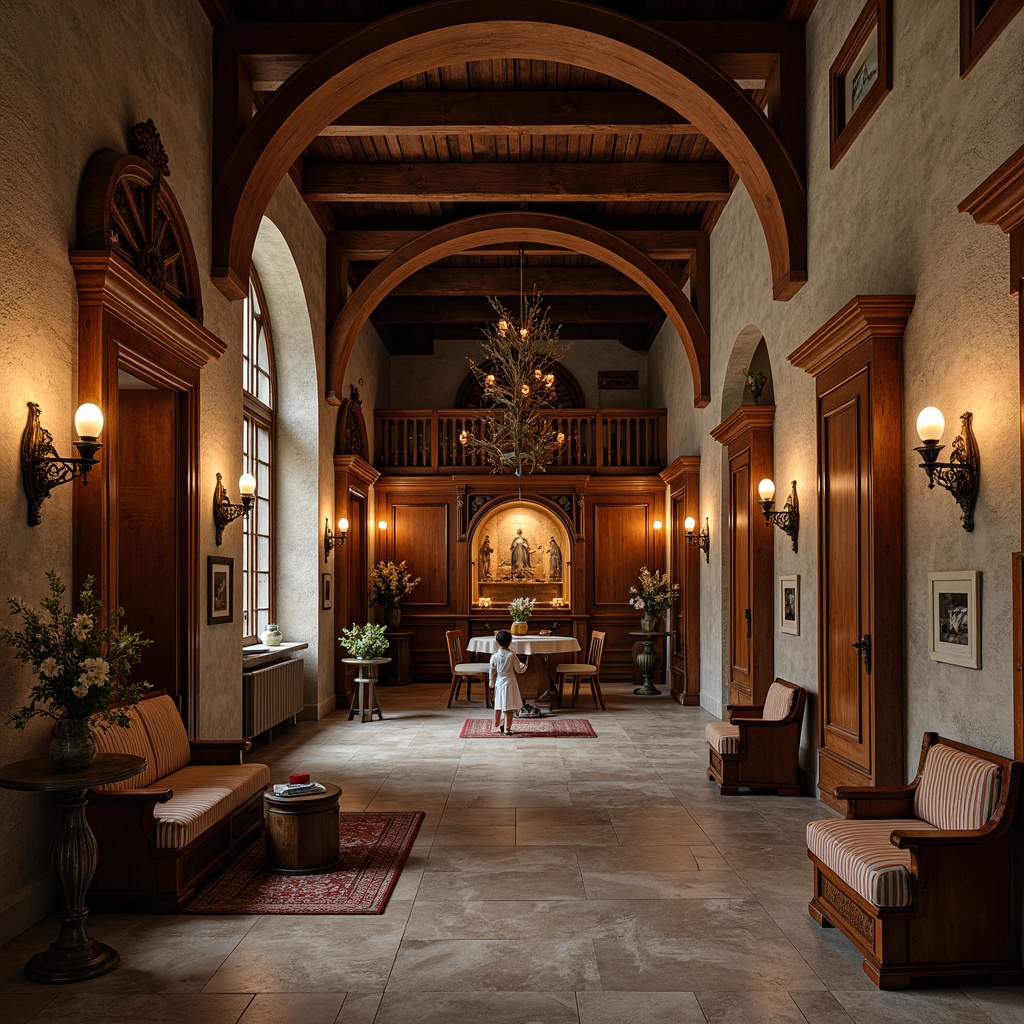 Prompt: Rustic monastery interior, wooden accents, hand-carved furnishings, ornate wooden panels, distressed wood finishes, warm candle lighting, stone walls, vaulted ceilings, grand wooden doors, intricate wooden arches, classic European architecture, richly stained wood, decorative trims, wooden sculptures, devotional artifacts, serene atmosphere, soft diffused light, shallow depth of field, 2/3 composition, realistic textures, ambient occlusion.