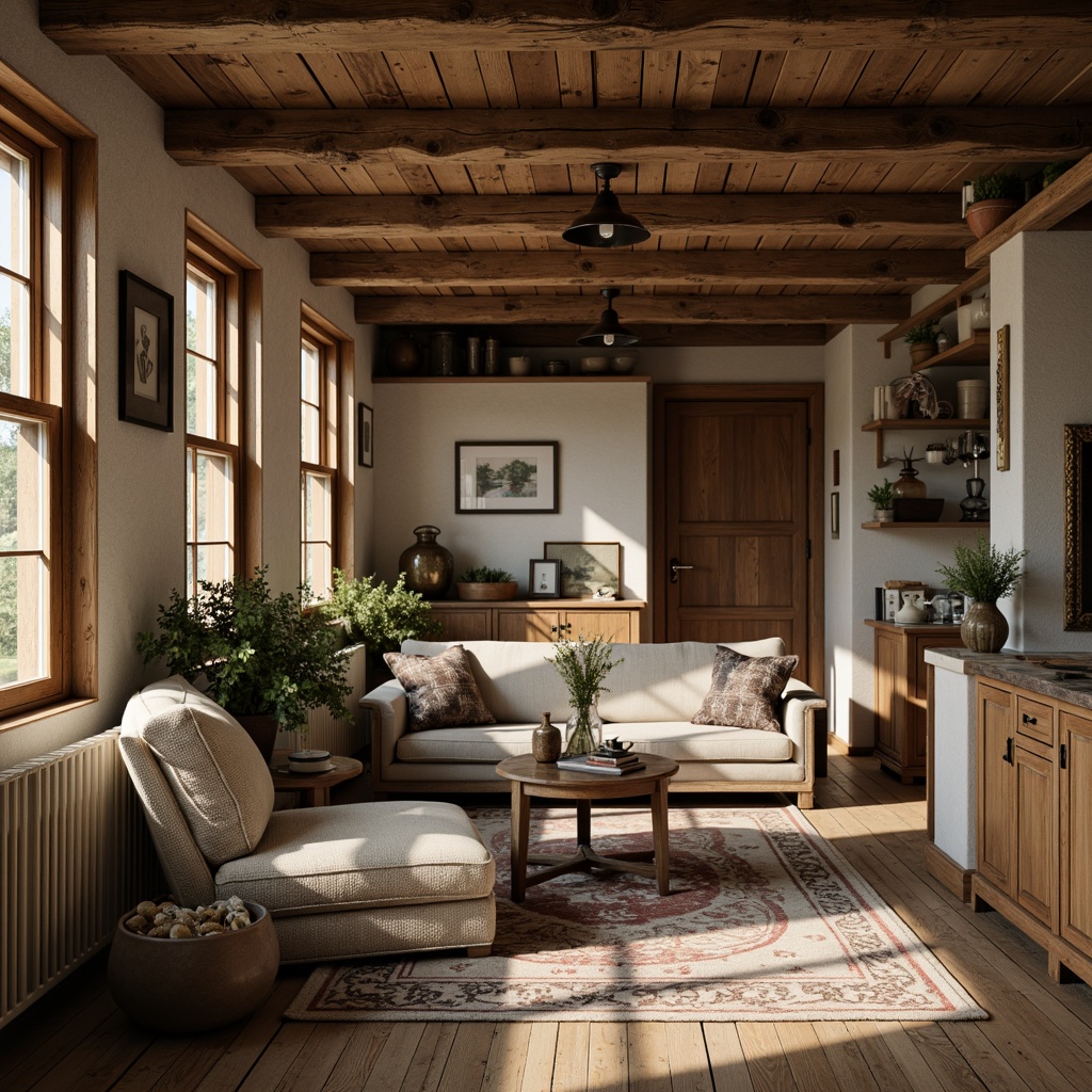 Prompt: Rustic farmhouse interior, distressed wood accents, vintage metalware, plush velvet upholstery, natural linen fabrics, earthy color palette, exposed beam ceilings, wooden floorboards, antique furniture pieces, ornate metal hinges, soft warm lighting, shallow depth of field, 3/4 composition, cozy nook settings, traditional classic lines, natural texture emphasis, ambient occlusion.