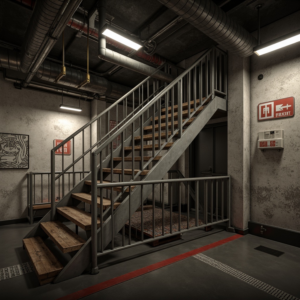 Prompt: Industrial staircase, metal railing, concrete walls, exposed pipes, industrial chic lighting, suspended linear fixtures, high-bay LED lights, dimmable ceiling fixtures, emergency exit signs, reflective metallic surfaces, urban atmosphere, gritty texture, dramatic shadows, low-key ambient lighting, 1/1 composition, realistic renderings, subtle color grading.