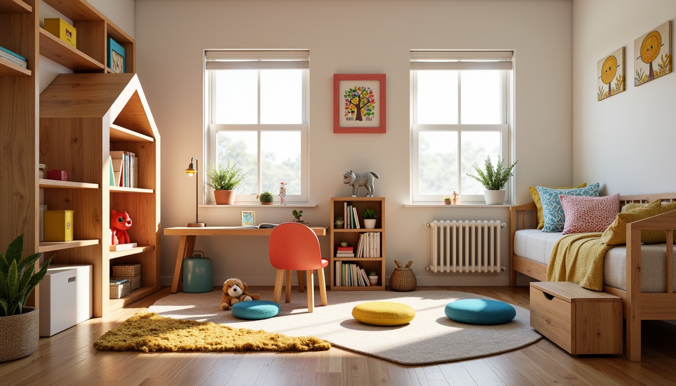 Prompt: Vibrant kids' bedroom, playful furniture, sturdy wooden desk, colorful chair, soft cushions, fun-shaped bookshelf, whimsical wall art, cozy reading nook, plush area rug, natural wood flooring, bright sunny windows, gentle warm lighting, shallow depth of field, 1/1 composition, realistic textures, ambient occlusion.