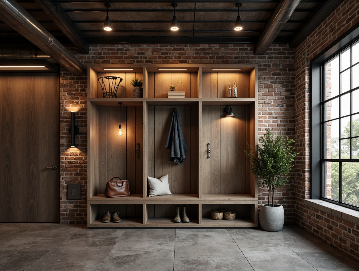 Prompt: Exposed brick walls, metal beams, industrial-style mudroom, modern minimalist decor, sleek metal lighting fixtures, Edison bulbs, pendant lamps, rustic wooden accents, distressed metal textures, urban loft atmosphere, concrete floors, steel-framed windows, industrial-chic color palette, soft warm lighting, low-key ambiance, 1/1 composition, cinematic lighting effects, realistic metallic reflections.