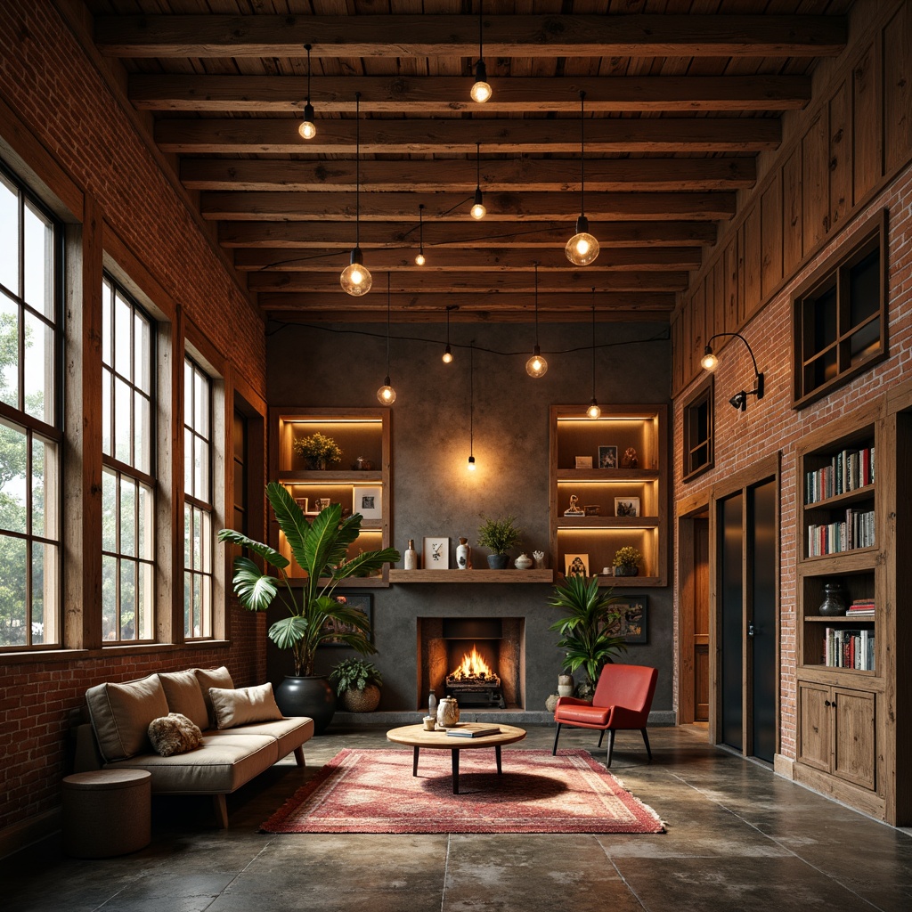 Prompt: Rustic wooden loft, exposed brick walls, distressed wood beams, vintage industrial decor, warm earthy tones, reclaimed wood flooring, polished concrete surfaces, metallic accents, Edison bulb lighting, cozy reading nooks, plush area rugs, soft warm glow, shallow depth of field, 2/3 composition, intimate atmosphere, realistic textures, ambient occlusion.