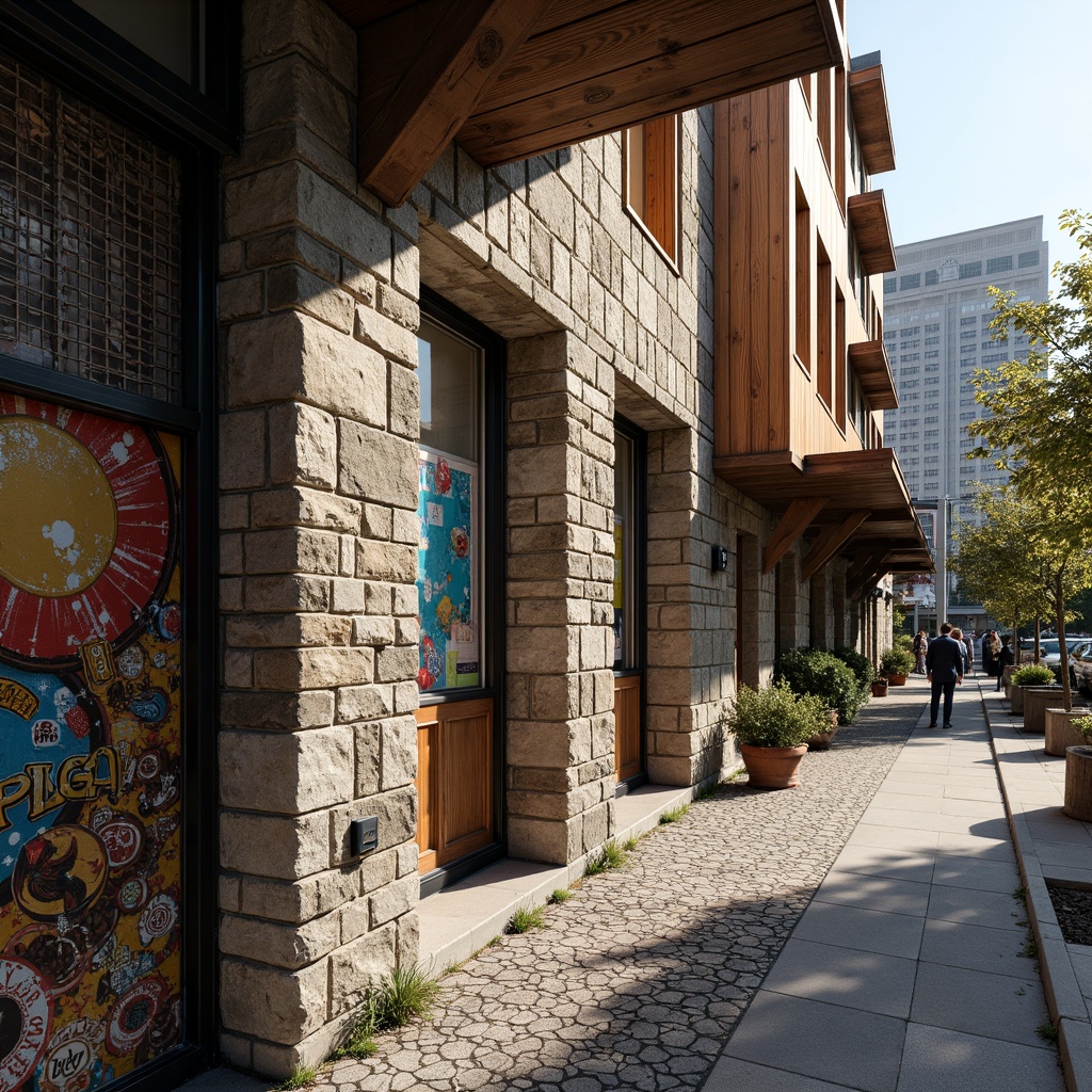 Prompt: Rustic stone walls, distressed wooden planks, metallic mesh panels, rough-hewn concrete floors, ornate ceramic tiles, vibrant graffiti murals, eclectic mix of materials, modern industrial architecture, urban cityscape, busy street scene, warm afternoon sunlight, dramatic shadows, shallow depth of field, 1/2 composition, realistic textures, ambient occlusion.