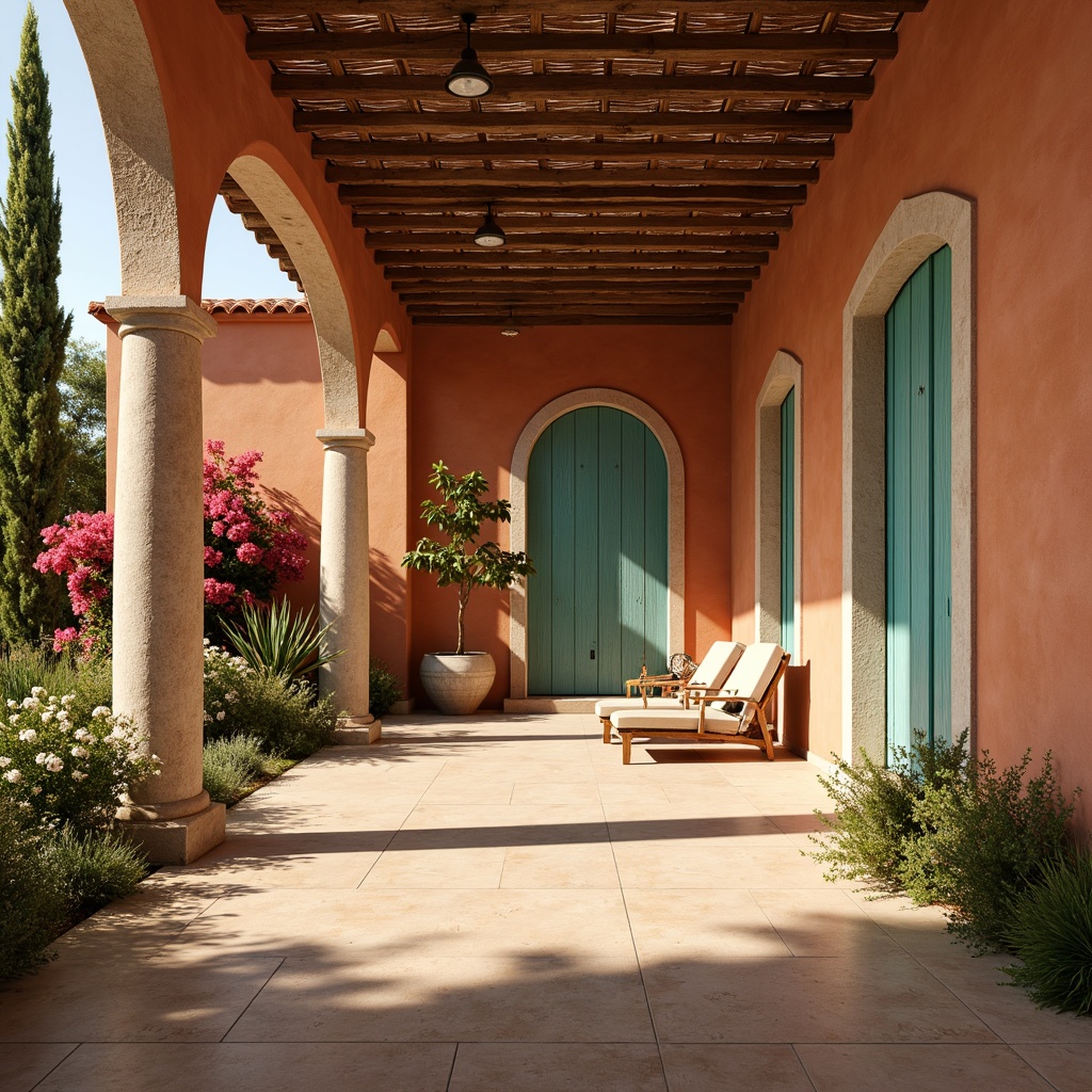 Prompt: Warm Mediterranean villa, earthy terracotta walls, soft sandy floors, calming turquoise accents, rustic wooden beams, natural limestone arches, vibrant bougainvillea flowers, sun-kissed outdoor spaces, warm golden lighting, shallow depth of field, 1/2 composition, realistic textures, ambient occlusion.