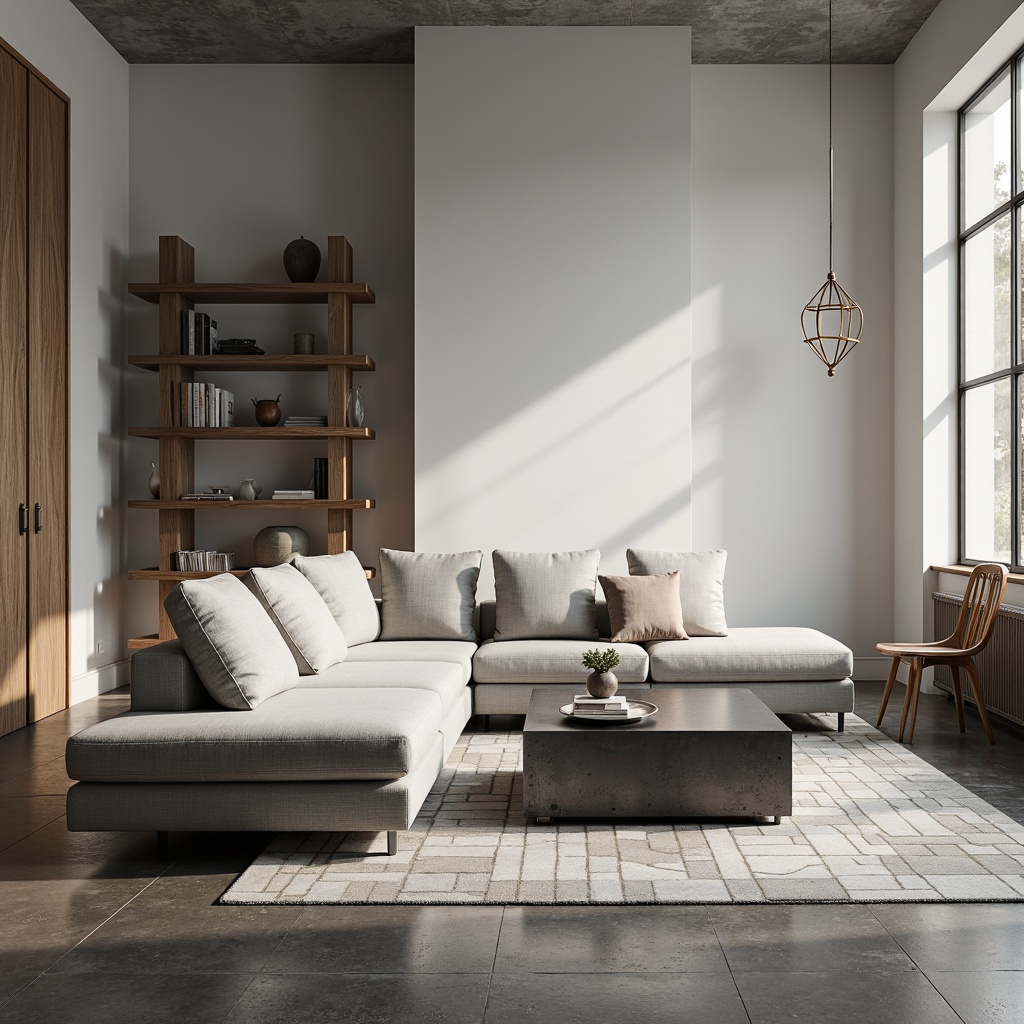 Prompt: Minimalist living room, sleek low-profile sofa, monochromatic color scheme, polished concrete floor, industrial metal coffee table, geometric-patterned area rug, Scandinavian-inspired wooden chair, wall-mounted shelves, minimalist decor, plenty of negative space, soft warm lighting, 1/1 composition, shallow depth of field, realistic textures, ambient occlusion.