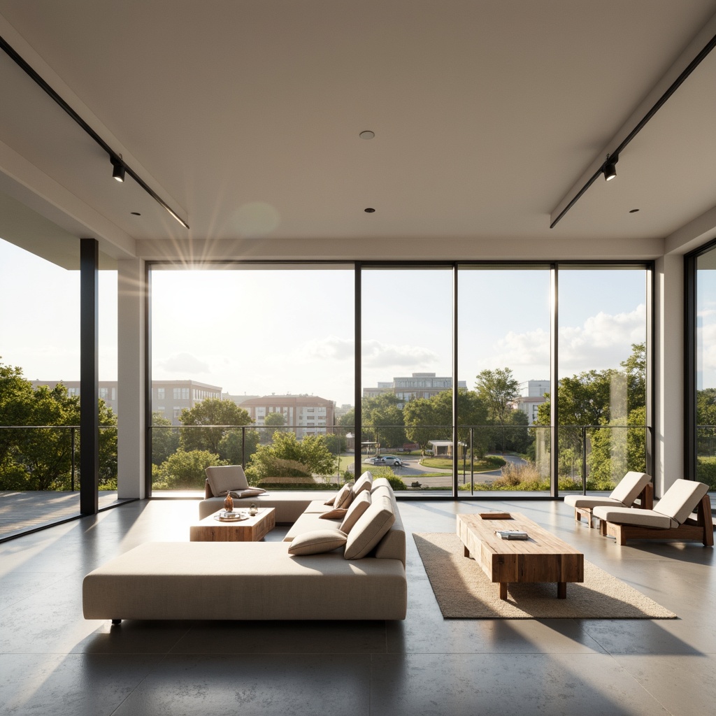 Prompt: Minimalist interior, open-plan living area, airy atmosphere, natural light pouring in, sleek low-profile furniture, polished concrete floors, white walls, floor-to-ceiling windows, sliding glass doors, greenery views, urban landscape, morning sunlight, soft warm glow, shallow depth of field, 1/1 composition, symmetrical framing, clean lines, monochromatic color scheme, industrial-chic decor, metallic accents, reclaimed wood elements, hidden storage solutions, clutter-free environment.