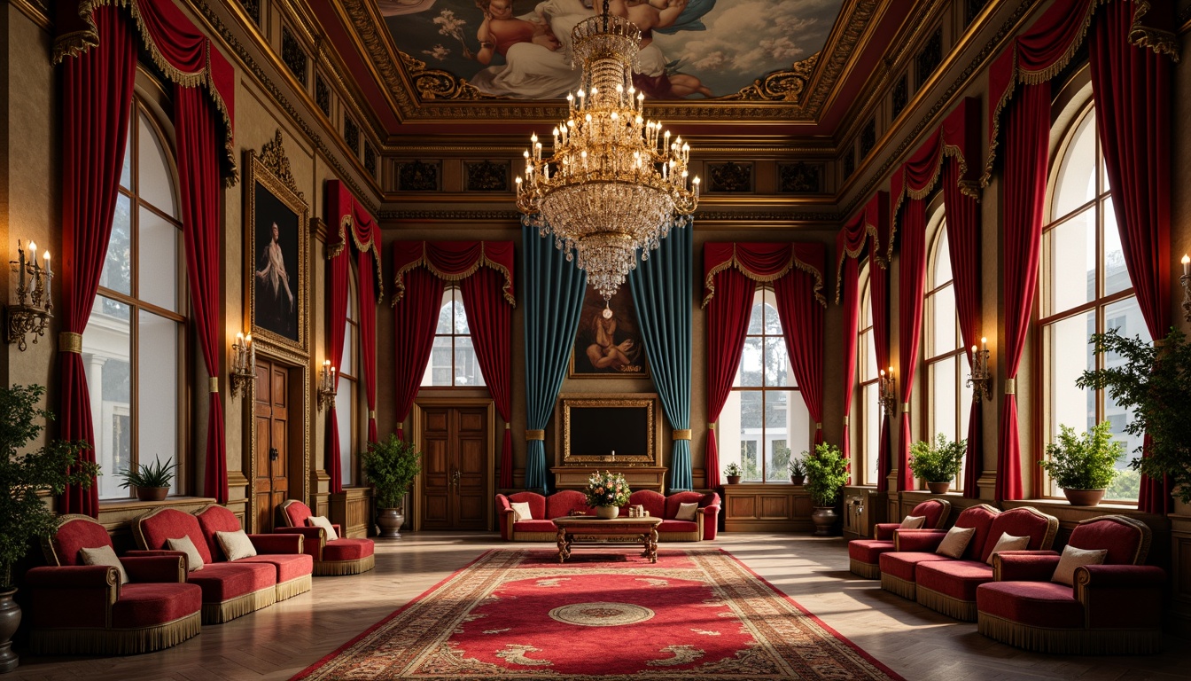 Prompt: Rich velvet fabrics, intricate gold embroidery, ornate crystal chandeliers, lavish drapery, opulent furnishings, majestic columns, grandiose ceiling murals, regal reds, imperial blues, luxurious silks, soft golden lighting, dramatic shadows, 1/2 composition, low-angle shot, detailed textures, ambient occlusion.