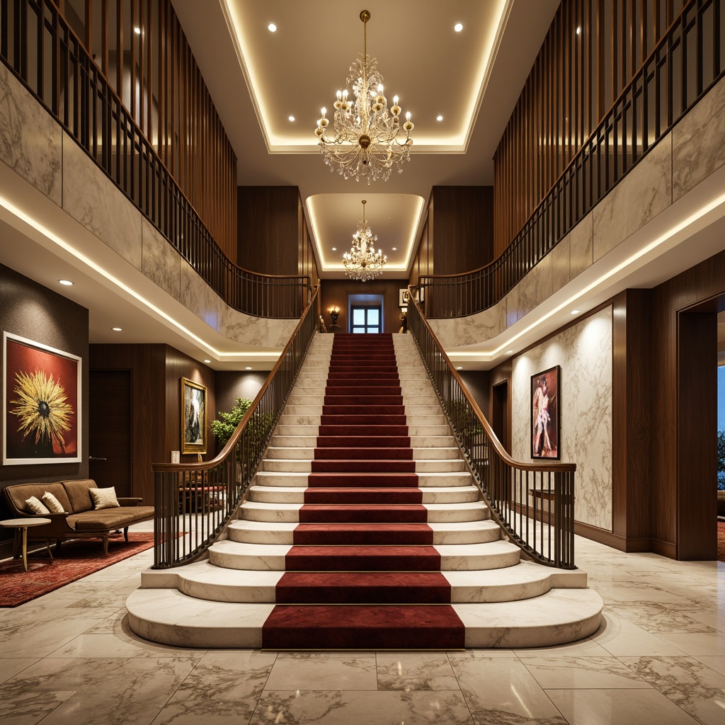 Prompt: Grand staircase, opulent marble floors, elegant wood paneling, luxurious velvet carpets, ornate metal railings, sophisticated LED lighting, modern minimalist design, sleek glass balustrades, richly textured wallpaper, dramatic high ceilings, spacious open floor plans, refined stone cladding, premium leather upholstery, lavish crystal chandeliers, warm ambient glow, shallow depth of field, 1/1 composition, realistic reflective surfaces.