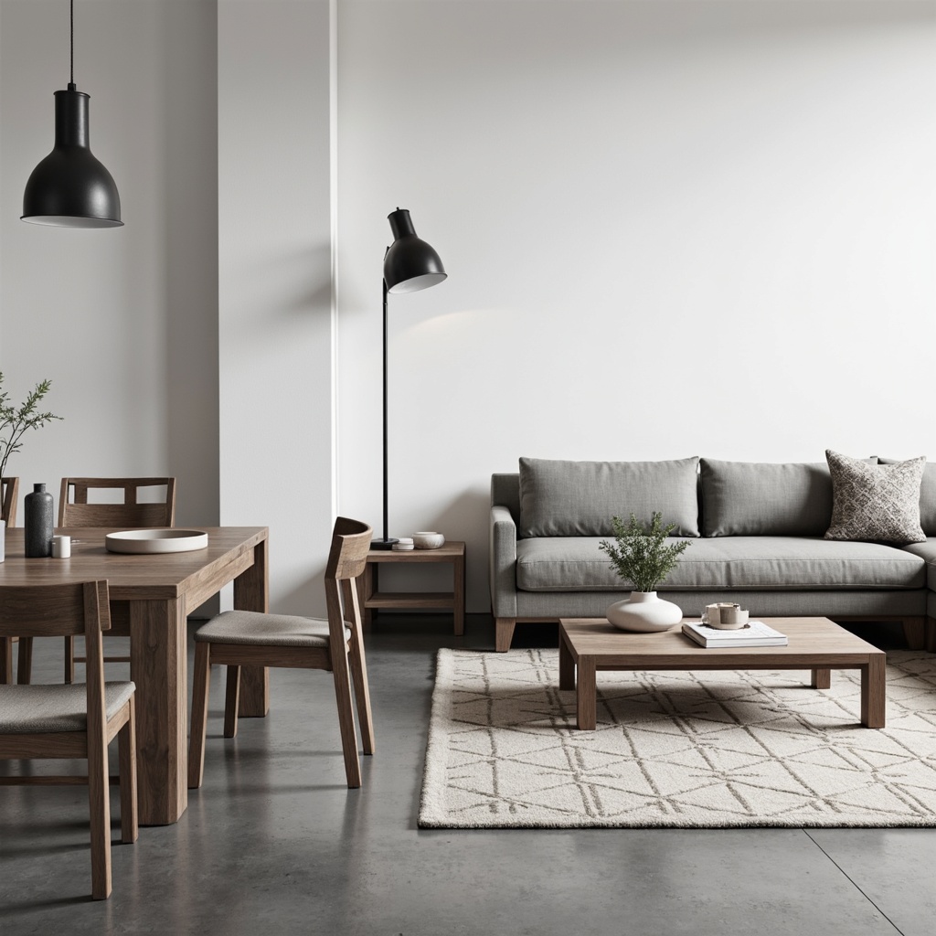 Prompt: Monochromatic interior, Scandinavian furniture, sleek wooden tables, minimalist sofas, low-profile chairs, industrial metal lamps, geometric patterned rugs, polished concrete floors, neutral color palette, natural textiles, subtle lighting, soft shadows, 1/1 composition, realistic reflections, ambient occlusion, calm atmosphere.