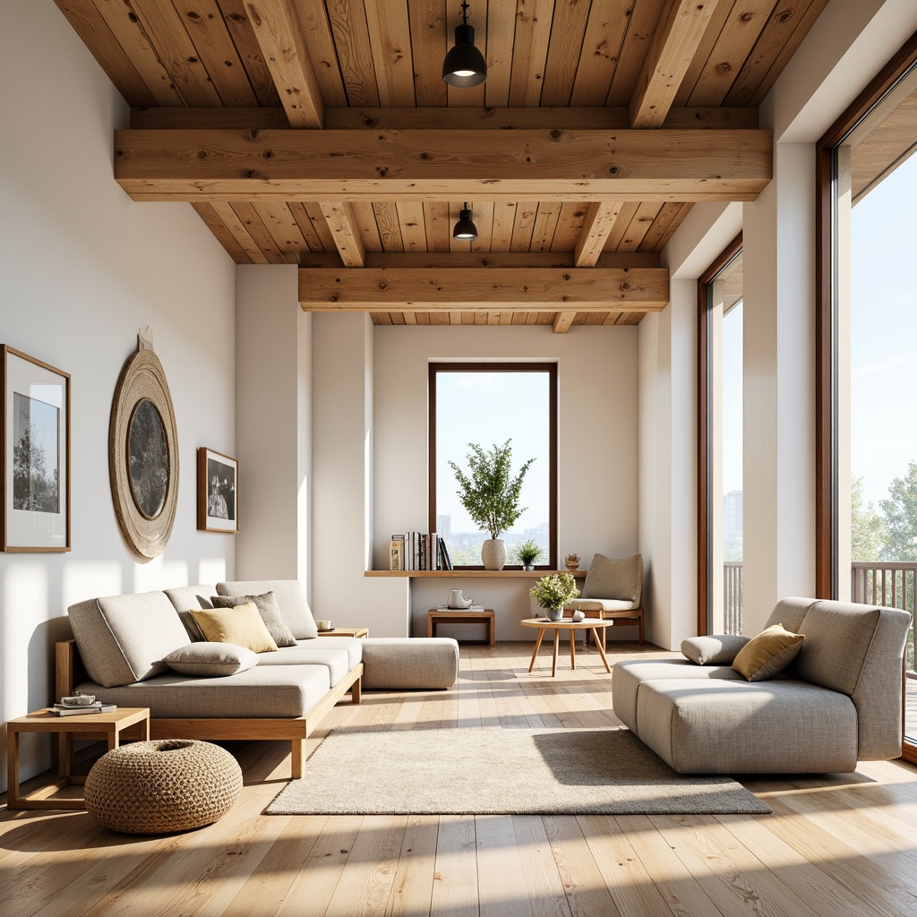 Prompt: Natural wood accents, light oak flooring, minimalist decor, cozy reading nooks, floor-to-ceiling windows, Nordic-inspired furniture, creamy white walls, rustic wooden beams, pendant lighting, modern Scandinavian architecture, sustainable design, eco-friendly materials, organic textures, warm ambient lighting, shallow depth of field, 3/4 composition, panoramic view.