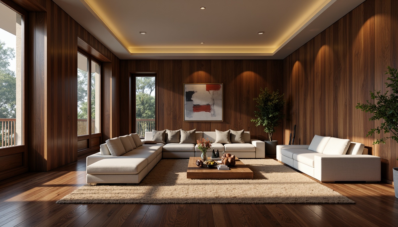 Prompt: Luxurious living room, dark hardwood flooring, rich wood grain, high-gloss finish, soft warm lighting, comfortable seating area, modern minimalist decor, abstract art pieces, sleek low-profile furniture, floor-to-ceiling windows, natural stone accents, earthy color palette, subtle texture variations, 1/1 composition, realistic reflections.