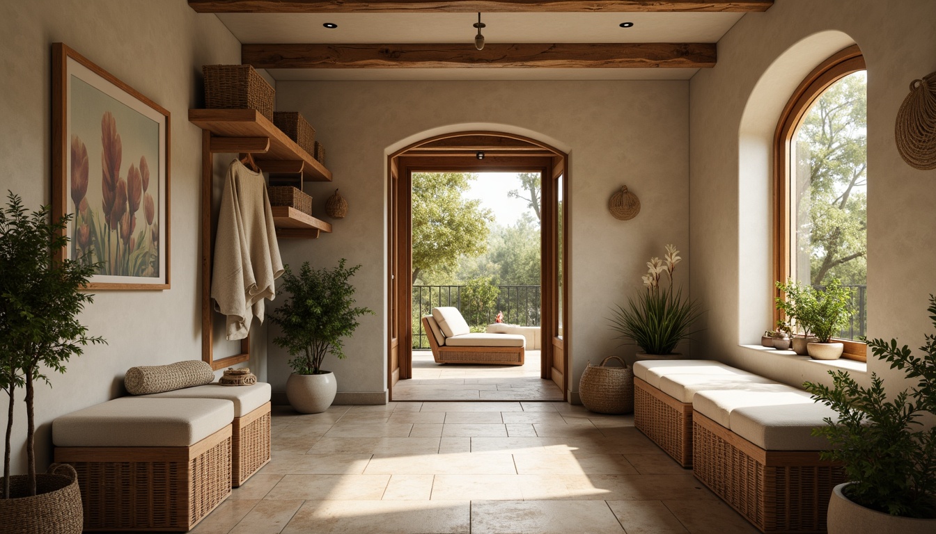 Prompt: Cozy mudroom, natural stone flooring, earthy brown tones, creamy whites, warm beige accents, rustic wood furniture, woven wicker baskets, plush throw blankets, soft velvety textures, calming greenery, potted plants, ambient warm lighting, shallow depth of field, 1/1 composition, inviting atmosphere, realistic reflections, subtle grain details.