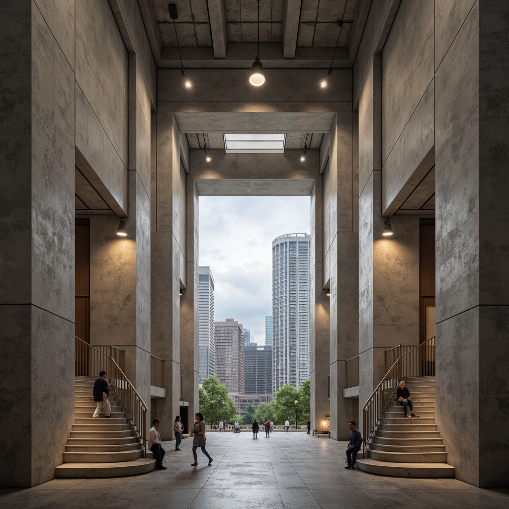 Prompt: Exposed concrete walls, rugged textures, industrial-chic lighting fixtures, dramatic high ceilings, grand staircases, minimalist decor, neutral color palette, brutalist architectural style, cultural center ambiance, soft warm glow, subtle shadows, accentuated columns, raw unfinished surfaces, urban cityscape views, cloudy day, high contrast ratio, 1/1 composition, symmetrical framing, realistic materials, ambient occlusion.