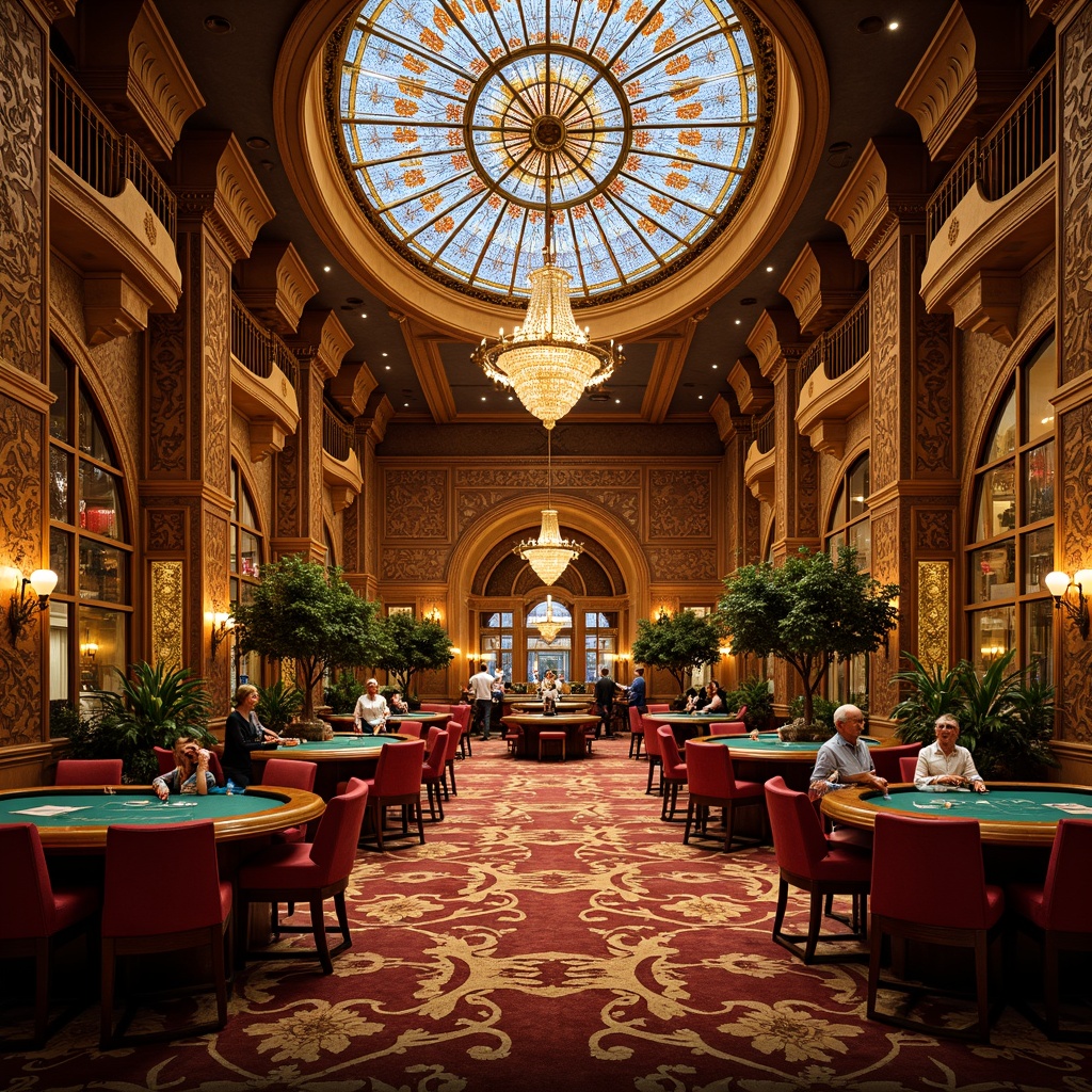 Prompt: Luxurious casino interior, ornate Art Nouveau details, intricate wooden carvings, curved lines, flowing organic forms, stained glass ceiling, grand chandelier, rich velvet fabrics, tufted upholstery, polished brass accents, marble countertops, carved wooden paneling, comfortable seating areas, glamorous ambiance, warm golden lighting, shallow depth of field, 1/1 composition, ornate mirrors, lavish decorations, opulent furnishings, bespoke cabinetry.