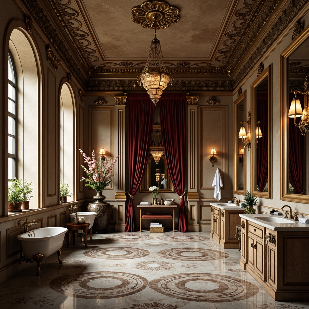 Prompt: Luxurious Renaissance bathroom, ornate marble floors, intricately patterned stone walls, gilded faucets, ornamental mirrors, lavish chandeliers, rich velvet drapes, subtle warm lighting, soft focus, shallow depth of field, 2/3 composition, elegant archways, classical columns, decorative moldings, antique furnishings, vintage accessories, distressed wood cabinetry, worn stone vanities, aged metal fixtures, earthy color palette, natural textures, ambient occlusion.