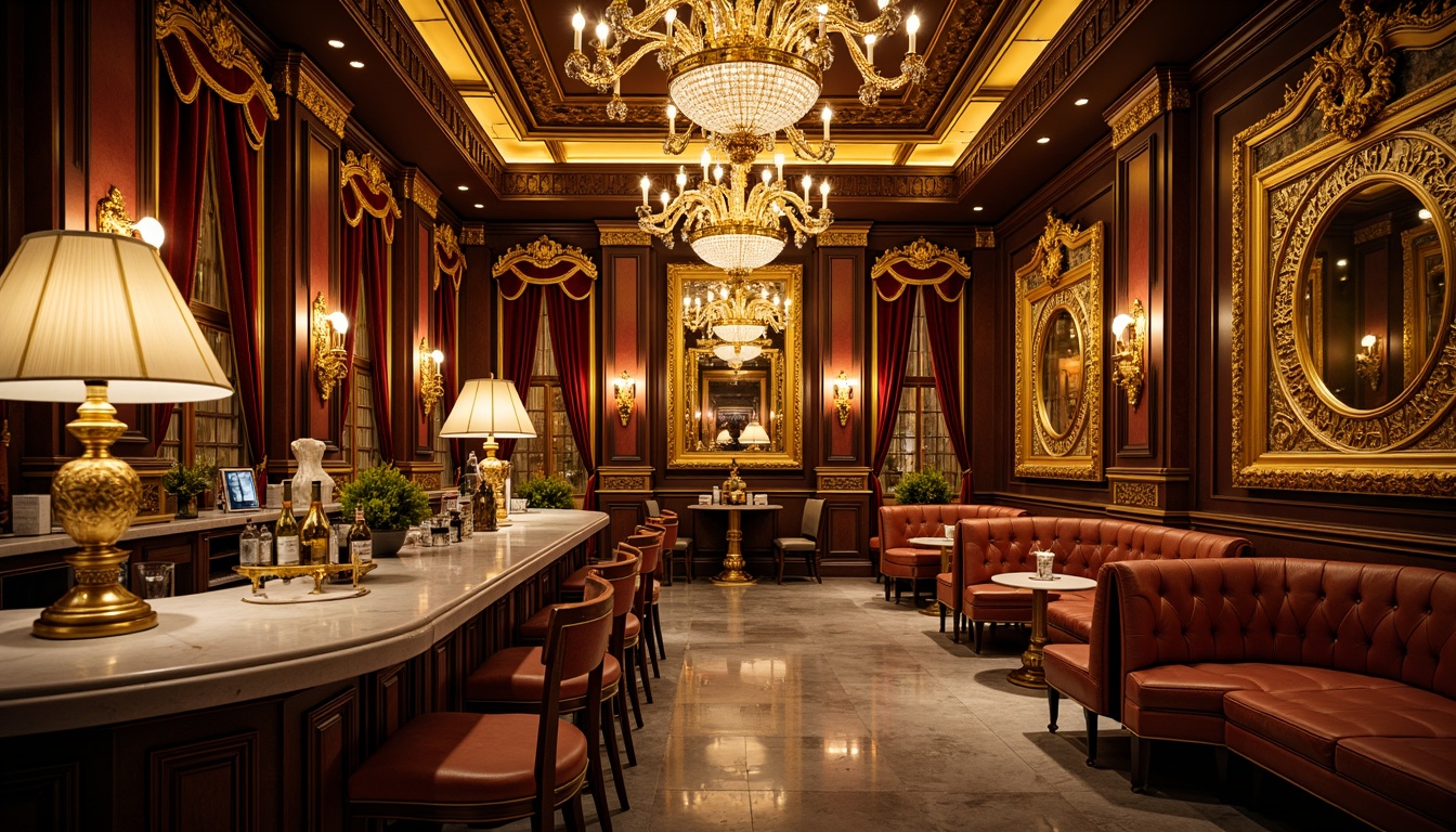 Prompt: Opulent bar interior, ornate gold accents, lavish crystal chandeliers, rich velvet drapes, intricate carvings, ornamental mirrors, luxurious marble countertops, gilded frame artwork, sumptuous leather sofas, extravagant floor lamps, dramatic ceiling fixtures, warm golden lighting, shallow depth of field, 1/2 composition, realistic textures, ambient occlusion.