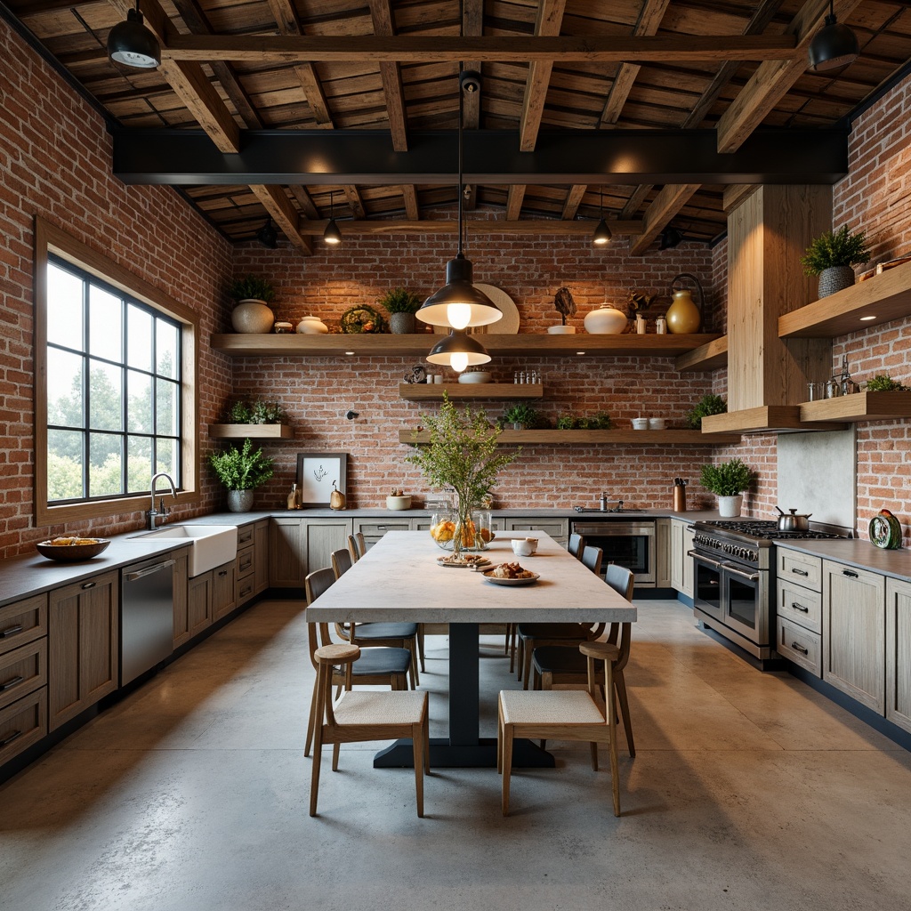 Prompt: Rustic farmhouse, reclaimed wood accents, metal beams, vintage industrial lighting, exposed brick walls, earthy tones, distressed finishes, agricultural tools decor, modern minimalist furniture, sleek metal appliances, concrete countertops, urban chic influences, natural textiles, neutral color palette, soft warm lighting, shallow depth of field, 1/1 composition, realistic textures, ambient occlusion.