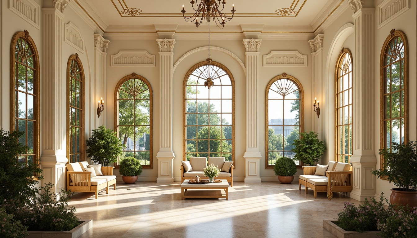 Prompt: Elegant sunroom, ornate gold details, soft cream walls, delicate plasterwork, curved lines, intricate moldings, large windows, crystal chandeliers, luxurious fabrics, velvet drapes, tassel trim, marble flooring, reflective mirrors, lavish furnishings, natural stone accents, warm beige tones, airy atmosphere, abundant greenery, lush plants, blooming flowers, bright sunny day, soft warm lighting, shallow depth of field, 1/1 composition, realistic textures, ambient occlusion.