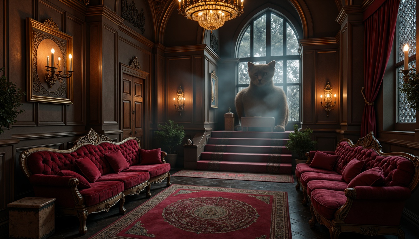 Prompt: Dark mysterious atmosphere, gothic arches, rich velvet fabrics, ornate carved wooden furniture, luxurious tufted sofas, crimson red accents, golden metallic details, lavish chandeliers, intricate stone carvings, dim warm lighting, opulent drapery, regal throne-like chairs, mystical symbol patterns, ancient artifact displays, mysterious fog effects, cinematic mood lighting, 1/1 composition, high contrast ratio, dramatic shadows.