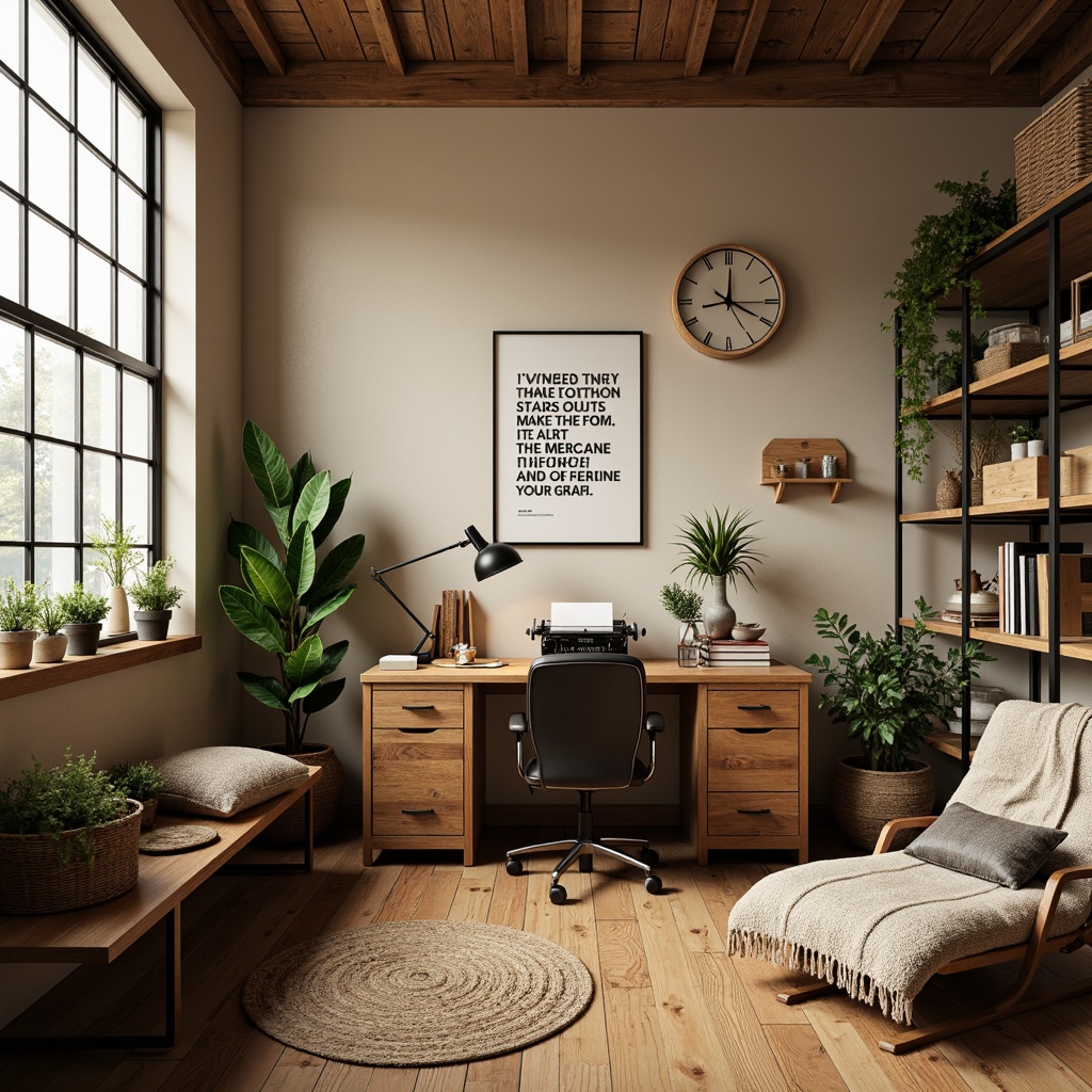 Prompt: Rustic home office, wooden desk, ergonomic chair, vintage typewriter, inspirational quotes, earthy color palette, natural textiles, woven baskets, potted plants, industrial lighting, metal shelves, reclaimed wood accents, cozy throw blankets, warm beige walls, large windows, soft diffused light, shallow depth of field, 1/1 composition, realistic materials, ambient occlusion.