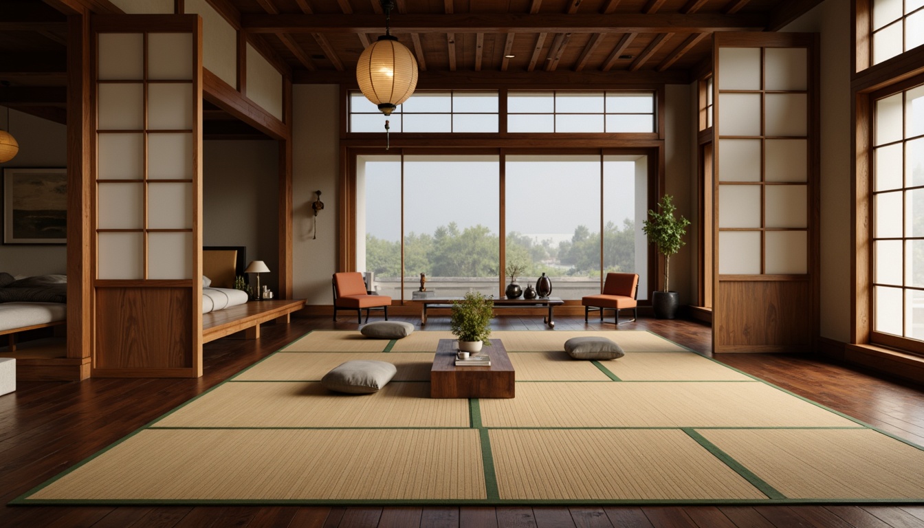 Prompt: Traditional Japanese tatami mats, natural fiber rugs, wooden flooring, dark-stained hardwood planks, hand-scraped wood textures, minimalist aesthetic, calm ambiance, subtle color palette, earthy tones, paper lanterns, shoji screens, sliding doors, low-seating furniture, serene atmosphere, warm soft lighting, 1/1 composition, shallow depth of field.