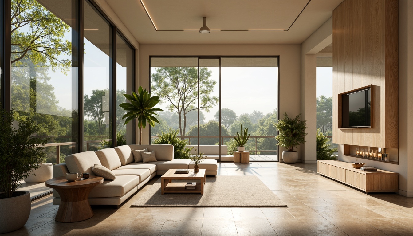 Prompt: Spacious open-plan living room, high ceilings, large windows, sliding glass doors, natural stone flooring, minimalist decor, lush greenery, potted plants, warm beige walls, soft cream-colored furniture, ambient lighting, morning sunlight, gentle shadows, 1/1 composition, shallow depth of field, realistic textures, subtle color palette.