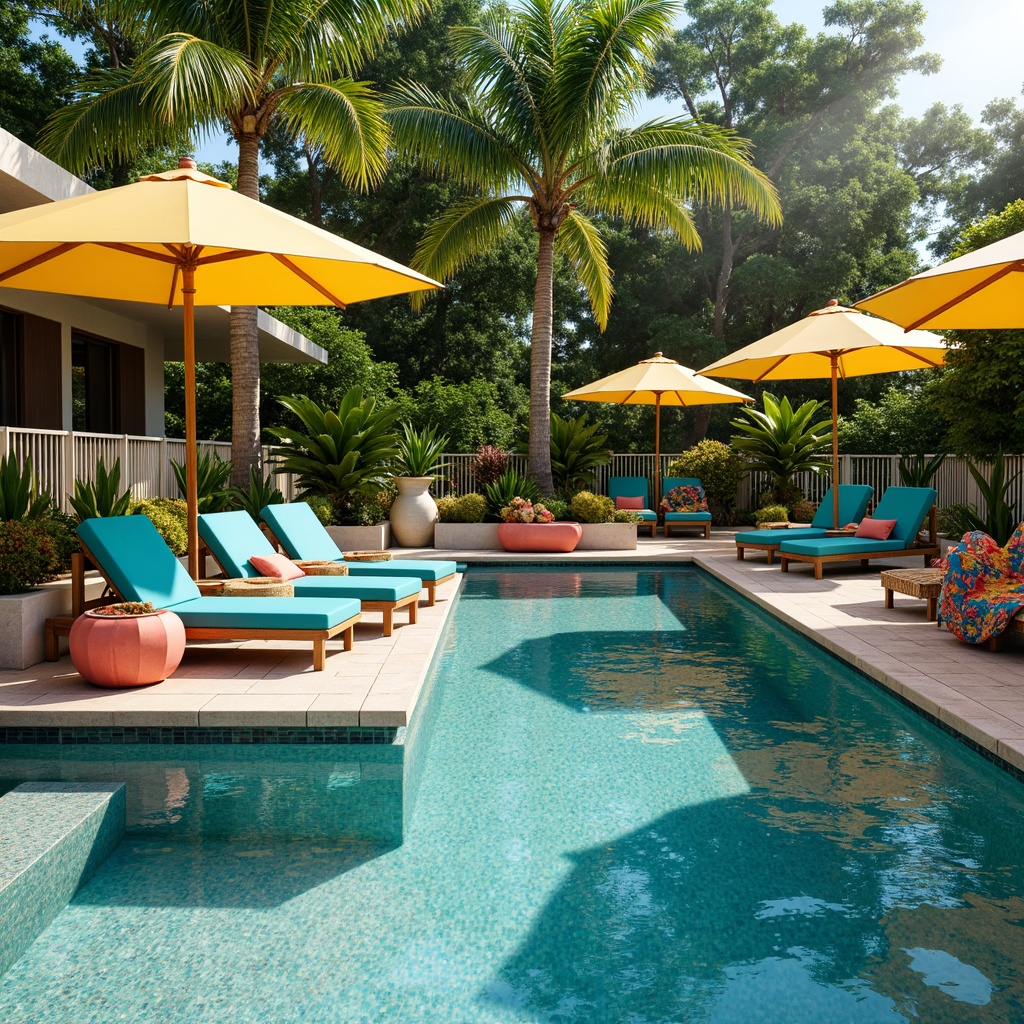 Prompt: Vibrant pool deck, turquoise lounge chairs, sunny yellow umbrellas, emerald green planters, coral pink lanterns, iridescent mosaic tiles, glass bead accents, shimmering water effects, warm LED lighting, afternoon sunlight, refreshing misting system, natural stone coping, sleek modern railings, lush tropical foliage, colorful outdoor pillows, exotic patterned throws.