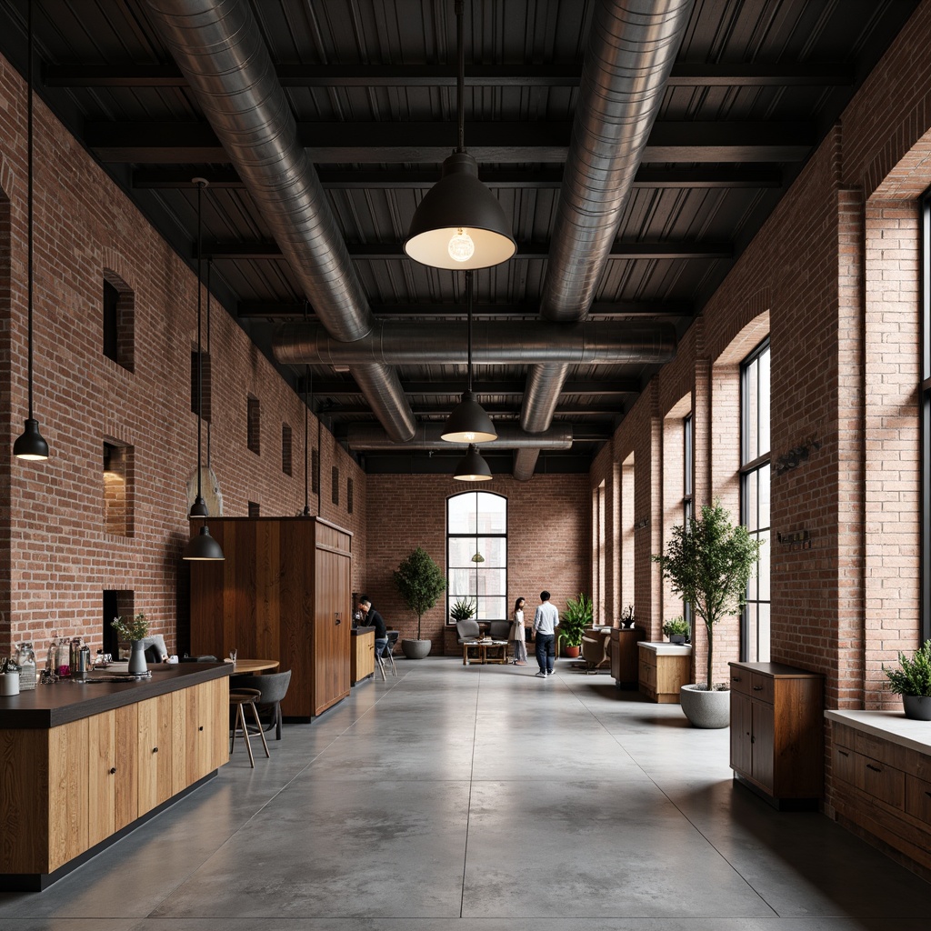 Prompt: Exposed brick walls, metal beams, industrial-style lighting fixtures, pendant lamps, metal shades, Edison bulbs, reclaimed wood accents, concrete floors, urban loft atmosphere, modern minimalist decor, functional simplicity, task-oriented lighting, high ceilings, open spaces, natural light pouring in, soft warm glow, subtle color temperature, 1/1 composition, realistic textures, ambient occlusion.