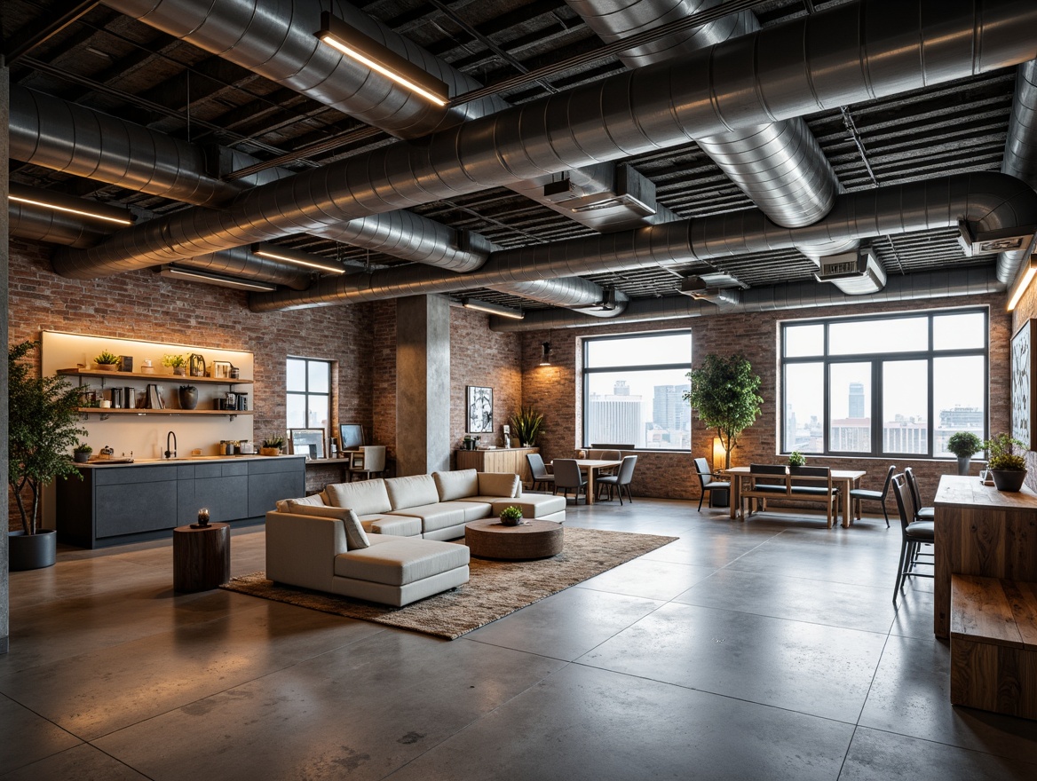 Prompt: Exposed ductwork, metal beams, polished concrete floors, industrial-chic lighting fixtures, reclaimed wood accents, urban loft atmosphere, modern minimalist decor, sleek steel furniture, edgy architectural lines, functional raw spaces, distressed brick walls, cityscape views, natural light pouring in, shallow depth of field, 1/1 composition, realistic textures, ambient occlusion.