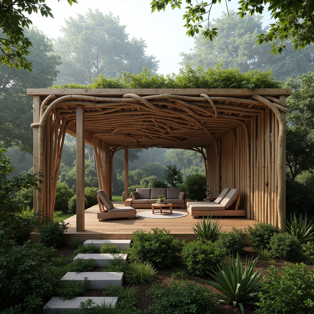 Prompt: Organic pavilion structure, natural bamboo framework, reclaimed wood accents, living green roof, lush vegetation, organic curves, earthy color palette, warm ambient lighting, soft diffused shadows, 3/4 composition, shallow depth of field, realistic textures, ambient occlusion, serene forest surroundings, misty atmosphere, gentle breeze, modern minimalist design, eco-friendly materials, sustainable architecture solutions.