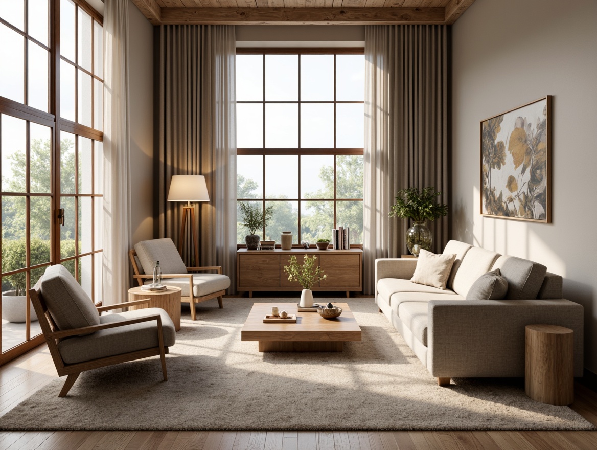 Prompt: Cozy living room, plush sofas, velvety armchairs, wooden coffee tables, elegant floor lamps, soft rugs, warm beige colors, comfortable cushions, modern minimalist decor, natural textiles, rustic wooden accents, Scandinavian-inspired designs, oversized windows, abundant natural light, gentle diffused lighting, 1/1 composition, realistic fabric textures, subtle ambient occlusion.