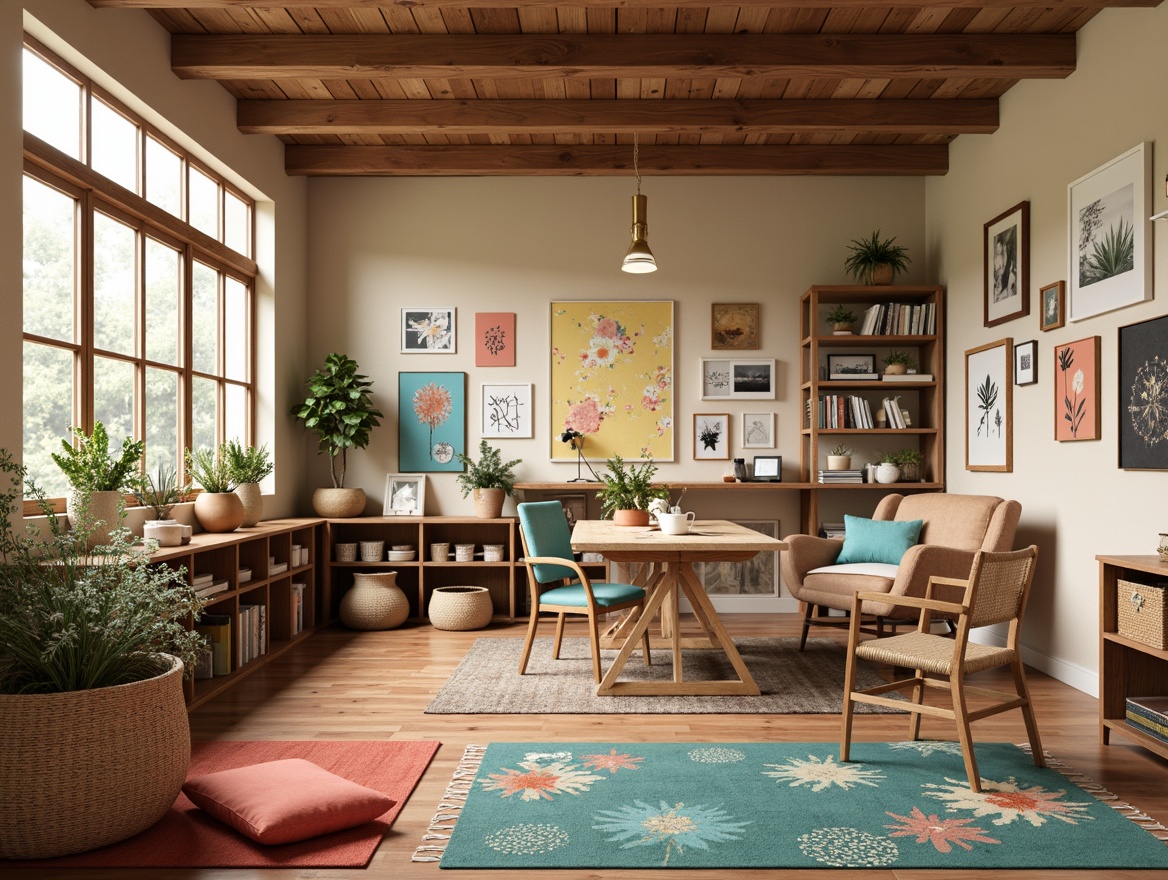 Prompt: Cozy craft room, warm beige walls, rich wood accents, soft pastel colors, calming turquoise hues, vibrant coral shades, natural textiles, woven baskets, rustic wooden tables, comfortable ergonomic chairs, ample task lighting, creative inspiration boards, eclectic decorative trinkets, joyful abstract artwork, whimsical patterned rugs, soothing ambient atmosphere, shallow depth of field, 1/1 composition, realistic textures, warm softbox lighting.