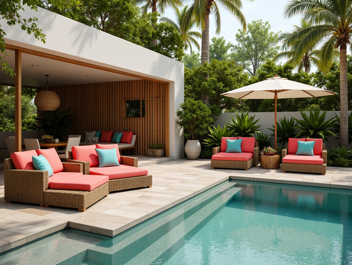 Prompt: Tropical poolside oasis, luxurious outdoor furniture, woven rattan sofas, plush cushions, bright coral upholstery, natural wood accents, modern minimalist design, sleek metal frames, glass tabletops, umbrella shade, vibrant turquoise pillows, refreshing misting system, lush greenery surroundings, palm trees, sunny day, warm soft lighting, shallow depth of field, 3/4 composition, panoramic view, realistic textures, ambient occlusion.