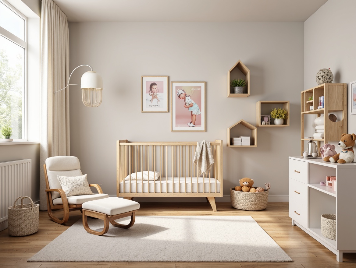 Prompt: Whimsical nursery, pastel colors, soft fabrics, plush toys, convertible cribs, minimalist dressers, rounded edges, safe storage, educational wall art, interactive playsets, cozy reading nooks, warm lighting, creamy whites, natural wood tones, ergonomic chairs, comfortable gliders, soothing music players, baby-friendly textures, gentle color transitions, 1/1 composition, shallow depth of field, realistic renderings.