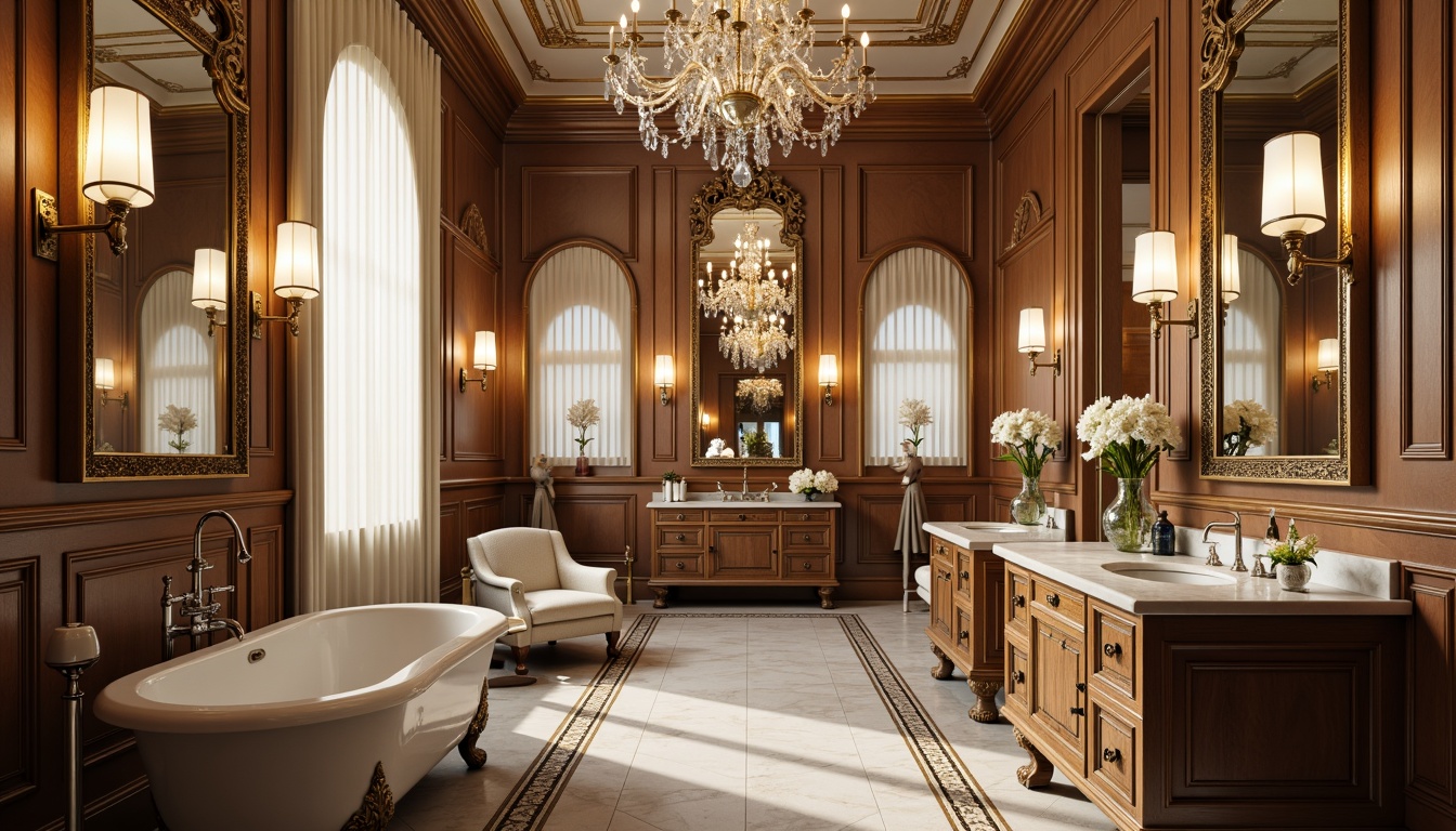 Prompt: Elegant bathroom, ornate mirrors, gold accents, marble countertops, porcelain sinks, crystal chandeliers, freestanding tubs, Victorian-style faucets, intricate molding, rich wood cabinetry, soft warm lighting, shallow depth of field, 1/1 composition, realistic textures, ambient occlusion.