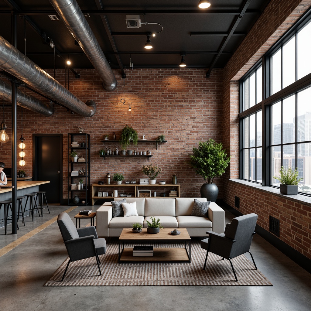 Prompt: Exposed brick walls, industrial metal beams, rustic wooden accents, distressed finishes, vintage factory lights, metallic pipes, concrete flooring, urban cityscape views, modern minimalist decor, sleek chrome fixtures, geometric patterned tiles, industrial-chic shelving units, reclaimed wood furniture, Edison bulb lighting, matte black metal frames, rough-textured stonework, moody atmospheric lighting, 1/2 composition, shallow depth of field, realistic textures.