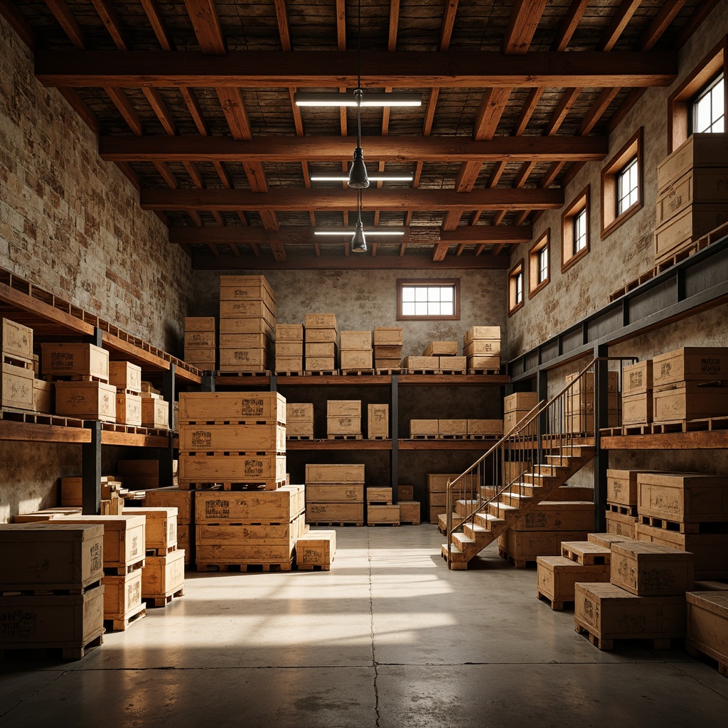 Prompt: Rustic distribution center, wooden crates, distressed textures, earthy tones, warm lighting, softbox lights, cozy atmosphere, industrial metal beams, reclaimed wood accents, natural stone walls, vintage factory equipment, worn concrete floors, metal lanterns, dimmable spotlights, golden hour ambiance, shallow depth of field, 2/3 composition, realistic reflections, ambient occlusion.