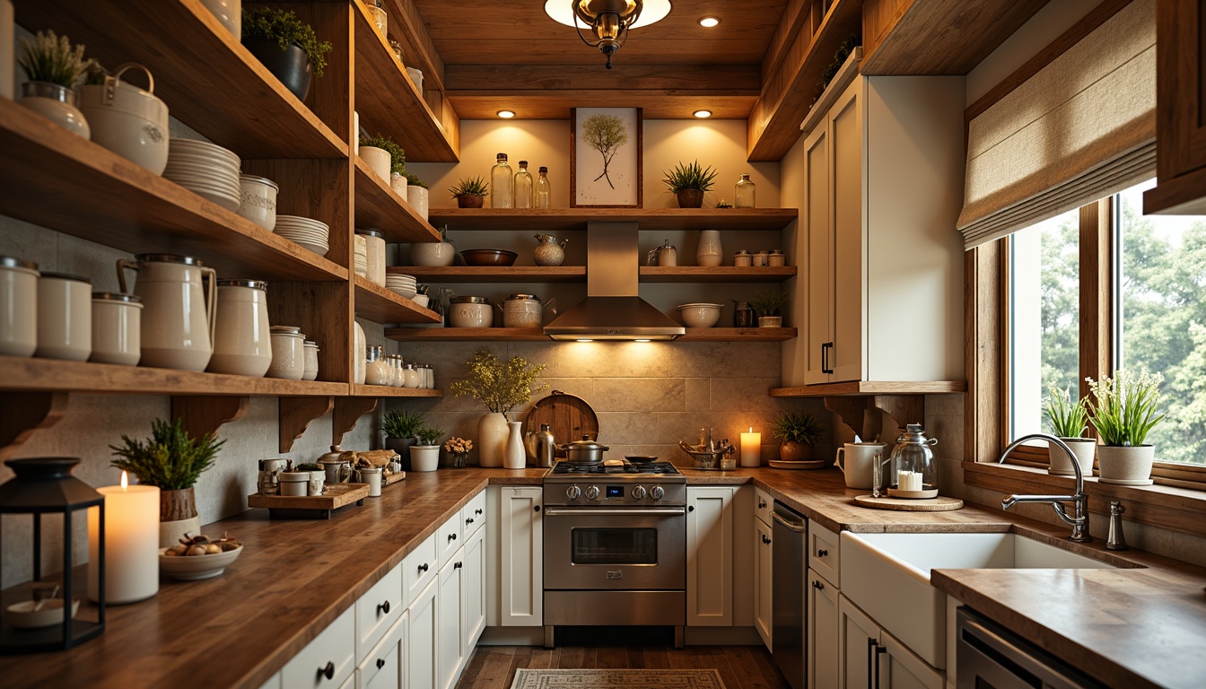 Prompt: Cozy traditional pantry, warm golden lighting, soft candle glow, ornate metal lanterns, rustic wooden shelves, vintage ceramic jars, distressed finishes, classic cabinetry, decorative corbels, warm beige tones, creamy whites, rich wood accents, ambient overhead lighting, task lighting under cabinets, pendant lights with traditional shades, soft box pleat window treatments, natural linen fabrics.