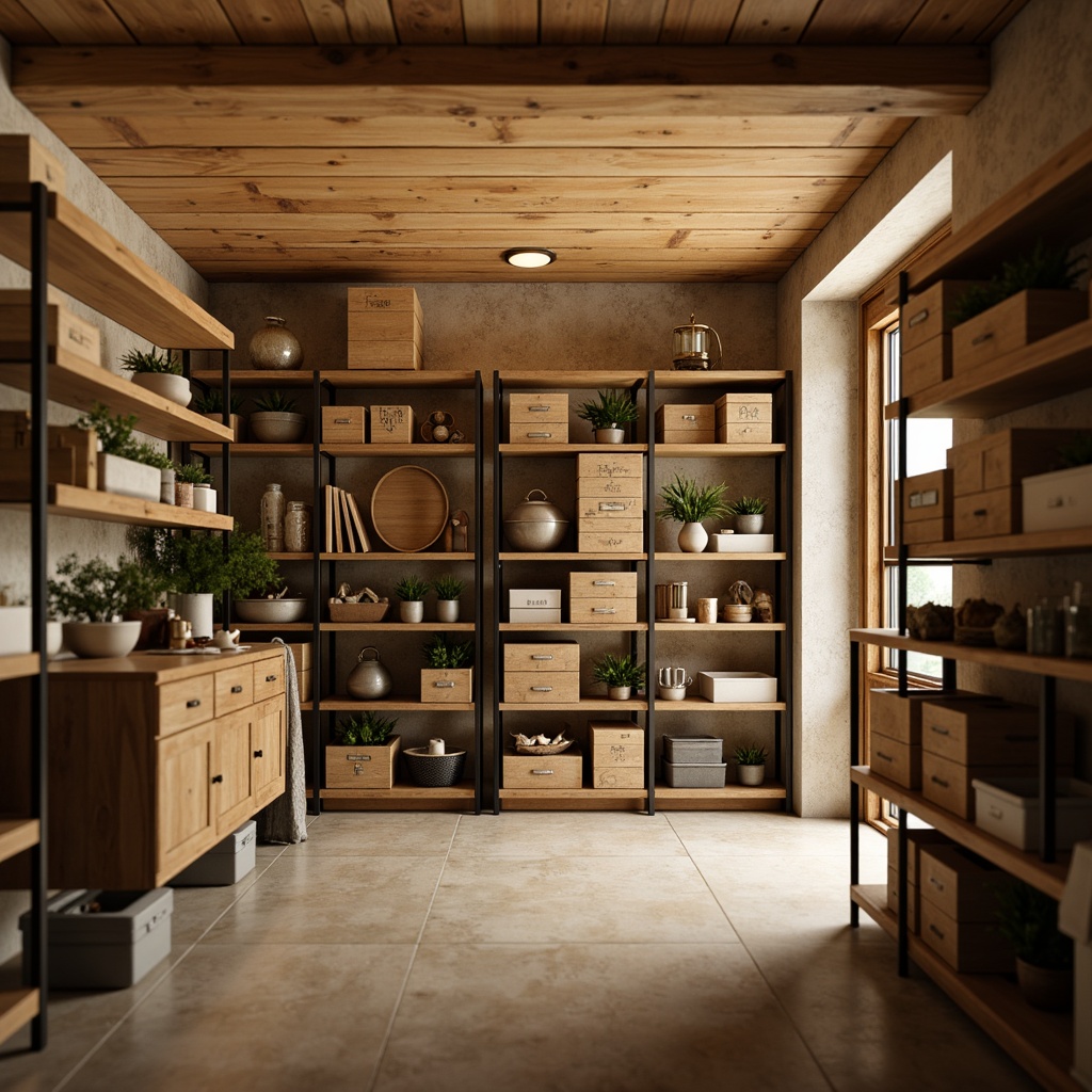 Prompt: Cozy storage room, warm beige walls, rustic wooden shelves, soft golden lighting, earthy tone flooring, industrial metal accents, practical storage bins, labeled containers, organized racks, calming atmosphere, natural textures, subtle color contrasts, 1/2 composition, shallow depth of field, realistic render.