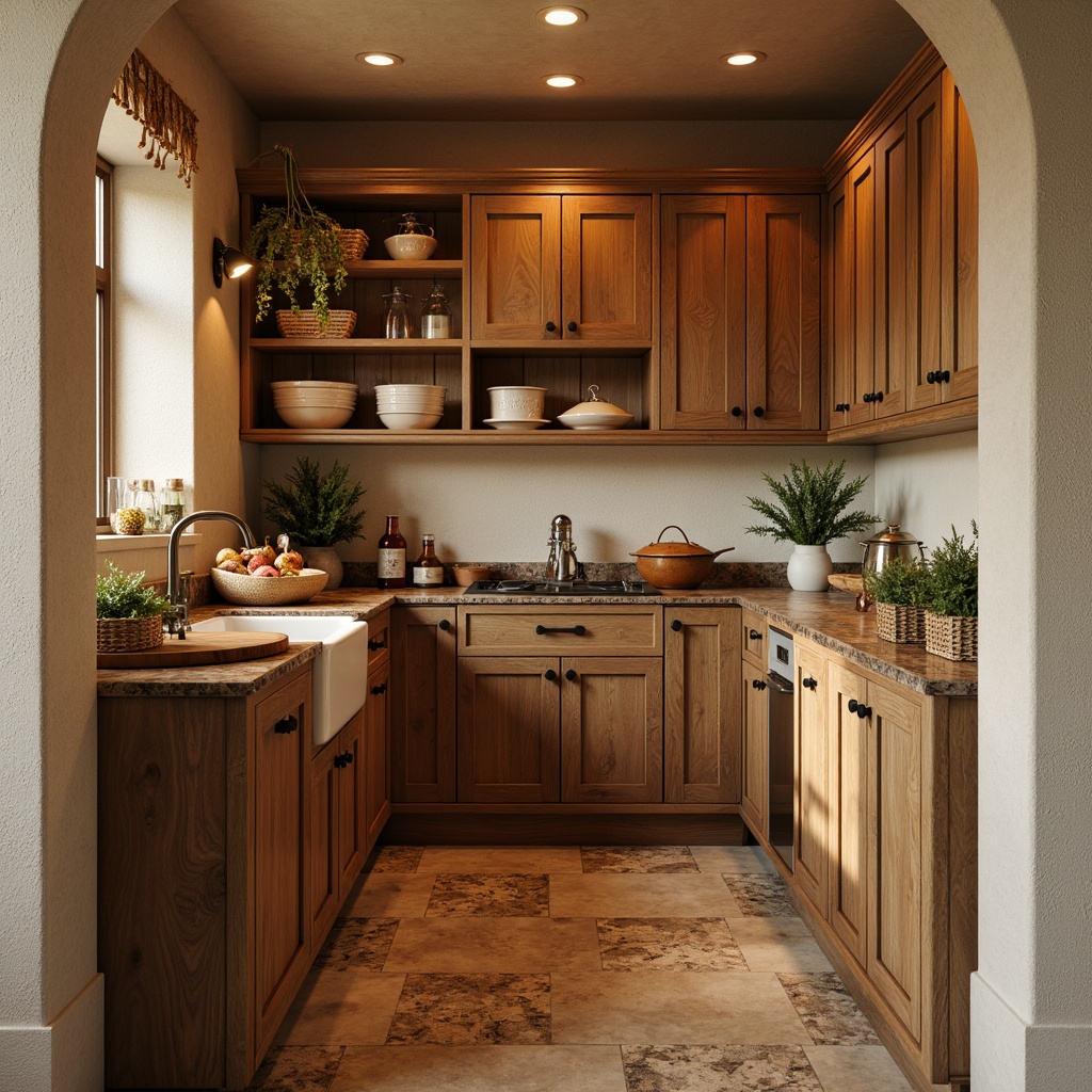 Prompt: Rustic pantry, warm beige walls, rich wooden cabinets, soft golden lighting, earthy brown countertops, vintage metal hardware, distressed finishes, natural stone flooring, woven baskets, ceramic jars, greenery accents, warm apricot hues, creamy whites, subtle grays, calming ambiance, shallow depth of field, 1/1 composition, realistic textures, ambient occlusion.