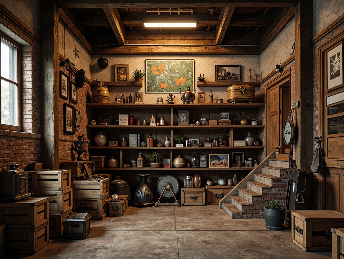 Prompt: Rustic industrial storage room, distressed wooden crates, vintage metal shelves, reclaimed wood accents, exposed brick walls, ornate ironwork, eclectic decorative items, warm softbox lighting, shallow depth of field, 1/2 composition, realistic textures, ambient occlusion, richly toned colors, bold graphic patterns, abstract artistic expressions, retro-futuristic elements, nostalgic memorabilia displays.