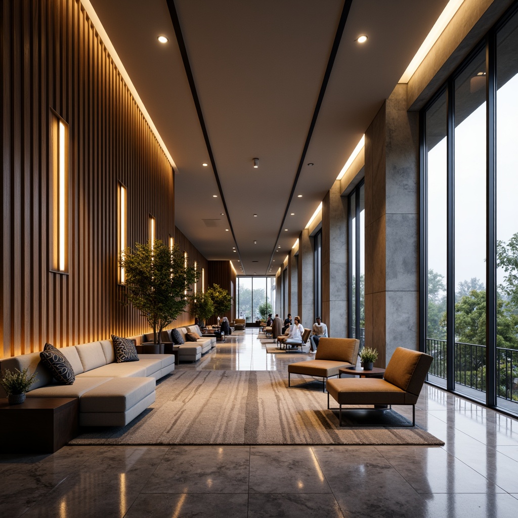 Prompt: Modern luxury interior, sleek lines, minimalist decor, floor-to-ceiling windows, natural daylight, soft warm ambiance, LED strip lights, recessed lighting, indirect illumination, textured walls, polished marble floors, metallic accents, contemporary furniture, ambient shadows, dramatic focal points, warm color temperature, high-contrast lighting, 1/1 composition, realistic reflections, subtle gradient maps.